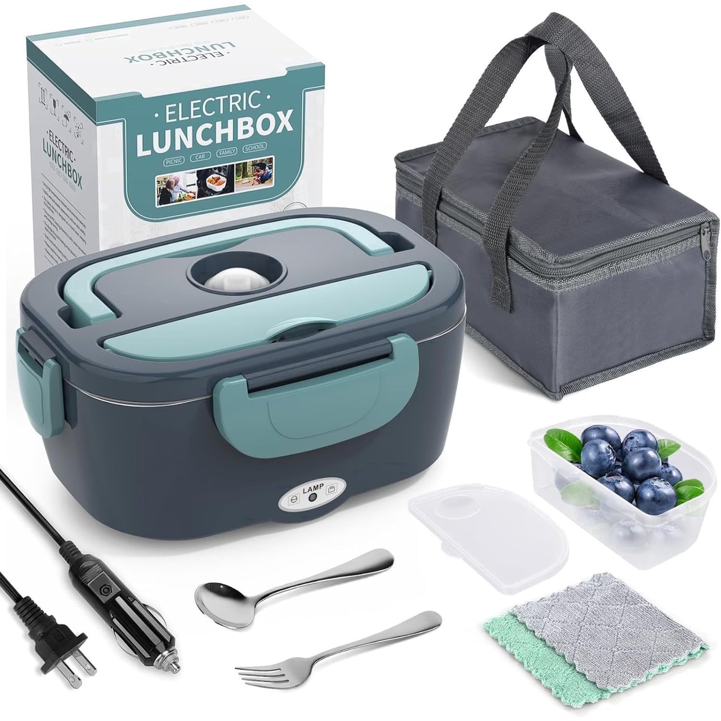 Carestrong Electric-Lunch-Box-Heated-Food-Warmer 40W Heating Lunchbox for Adults 1.5L Portable Food Heater for Work/Car, 12V/24V/110-240V Portable Electric with Fork Spoon (black+Green)