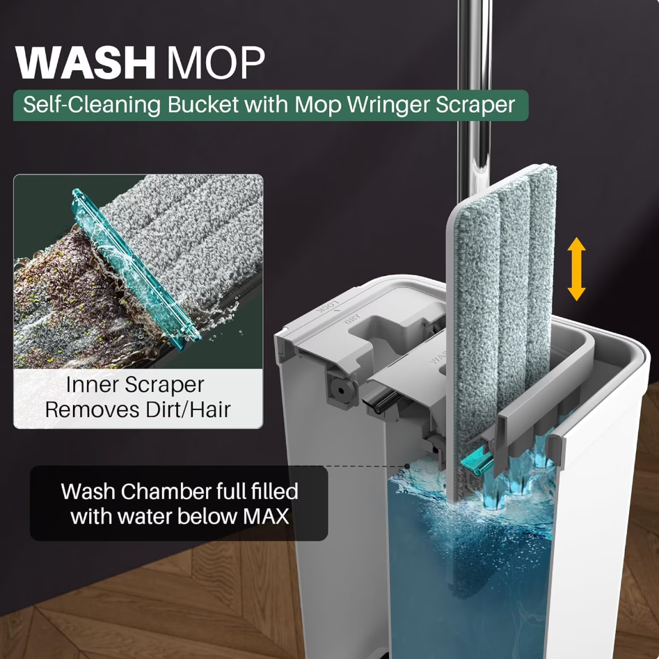 Mop and Bucket Set, Hands-Free Flat Floor Mop with 1 Washable Microfiber Pads, Wet and Dry Use, Ideal for Home and Commercial Floor Cleaning