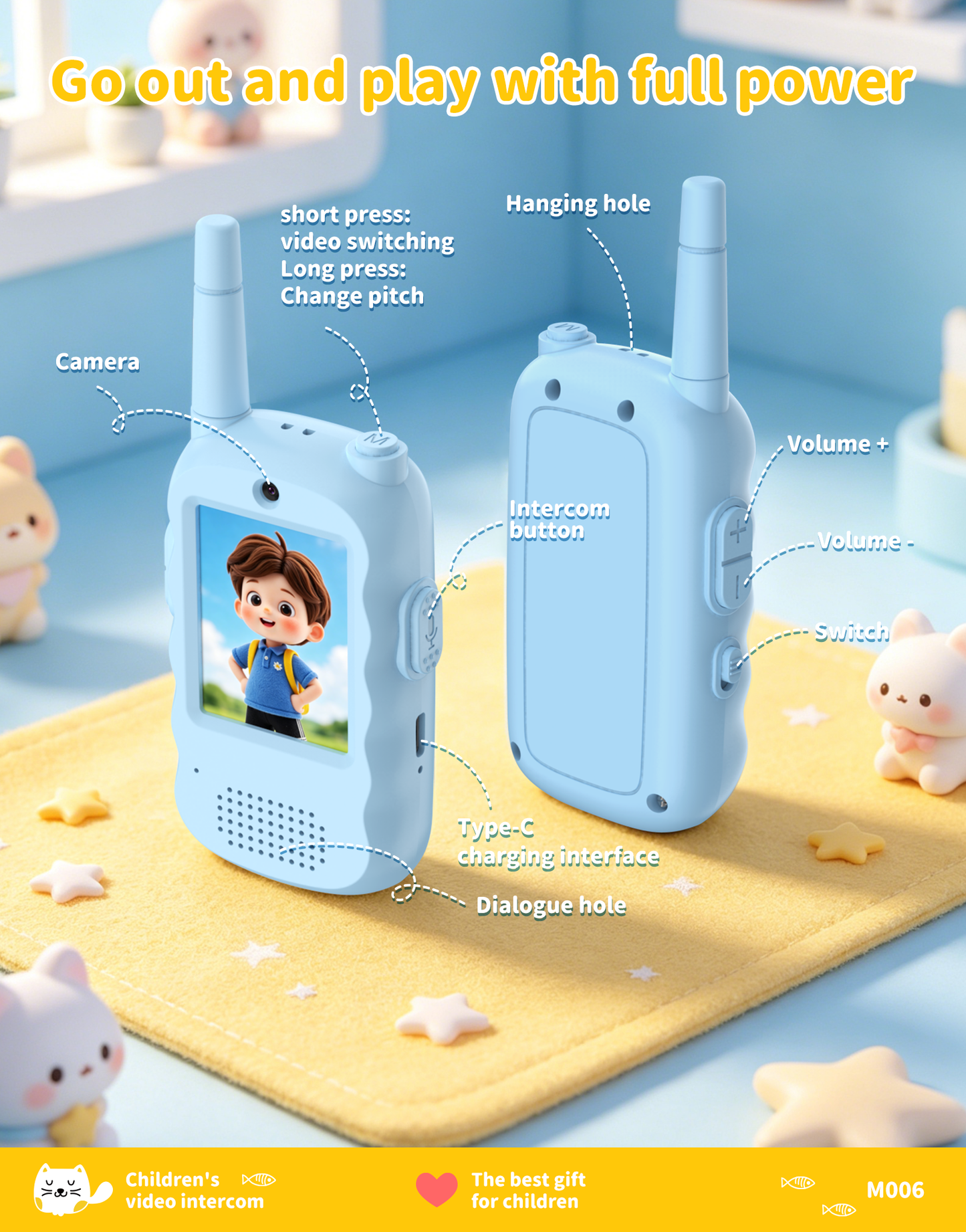 Video Walkie Talkies for Kids, Handheld 2 Pack Rechargeable Video Intercom Kids Walkies Talkies, Indoor Outdoor Toys for Family Games, Outside, Camping, Hiking for Boys Girls Ages 3-12 (Blue/Pink)