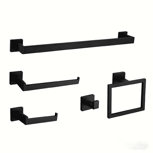 Matte Black 5-Piece Square Bathroom Hardware Set,40cm Towel Bar,Toilet Paper Holder,Towel Ring,and 2 Towel Hooks,SUS 304 Stainless Steel Bathroom Accessories,Wall Mounted Towel Rack Kit（Black）