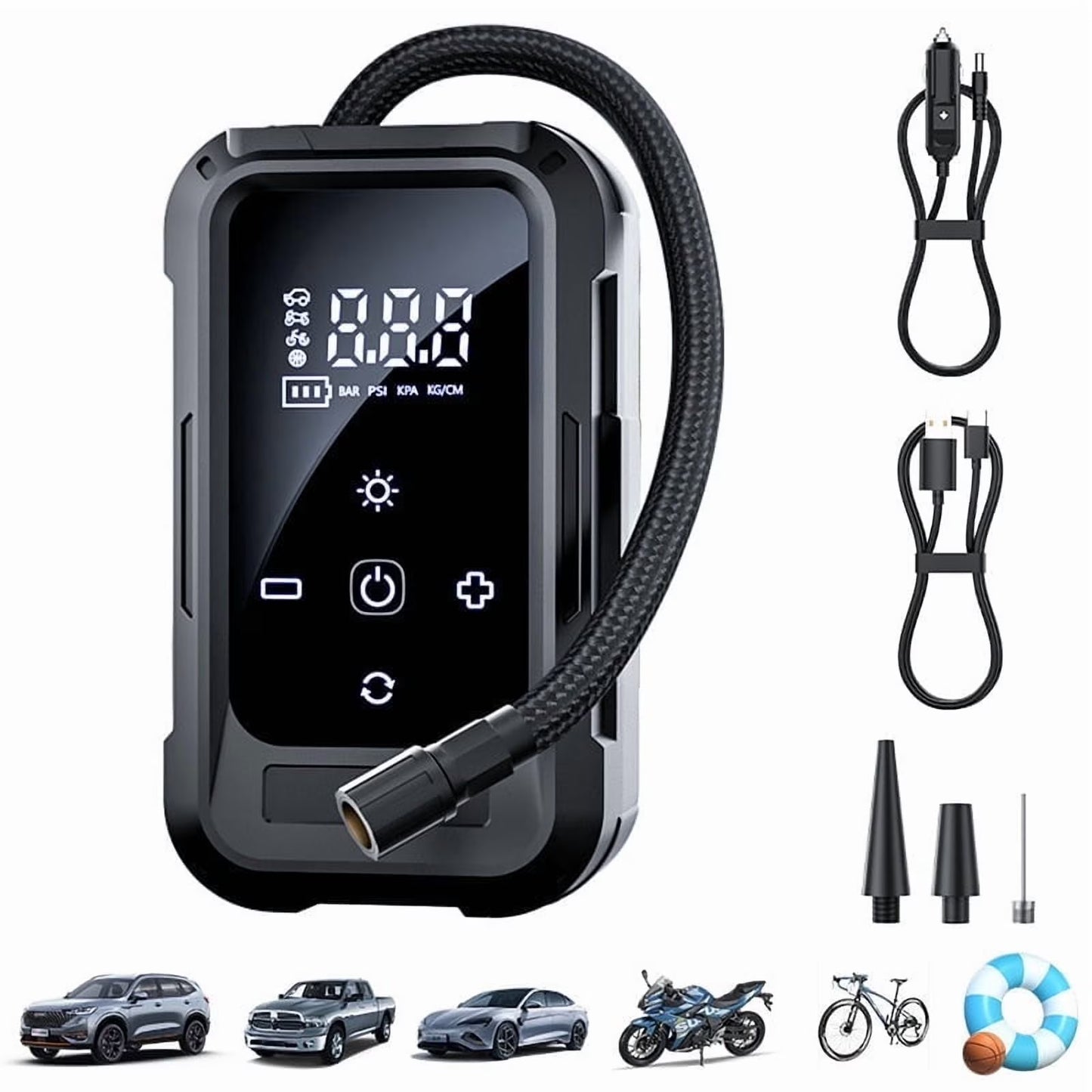 Mikhai Tire Inflator Portable Air Compressor Cordless Mini Bike Pump with 4500mAh Long Range Battery, 140 PSI Car Tires Air Pump with LED Lights&Pressure Gauge for Auto, Motorcycles, Bikes, Balls
