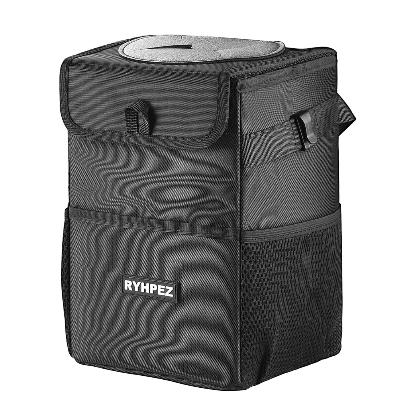 Mikhai Car Trash Can with Lid and Storage Pockets - Leak-Proof Organizer, Waterproof Car Accessories, Multipurpose Car Garbage Can, 2 Gallons, Black