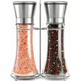 Premium Stainless Steel Sea Salt and Pepper Grinder Set of 2 - Adjustable Ceramic - Tall Glass Salt and Pepper Shakers - Kitchen Spice Mill