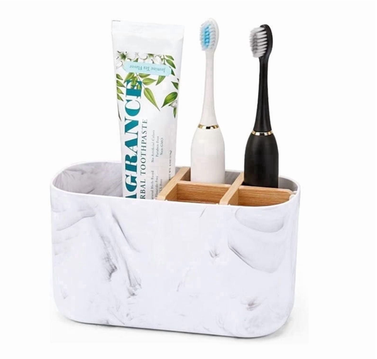 Toothbrush Holders for Bathrooms, 5 Slots Bamboo Toothbrush Holder Kids Electric Toothbrush Holder and Toothpaste Holder for Bathroom Countertop Accessories Storage, Marble Toothbrush Organizer
