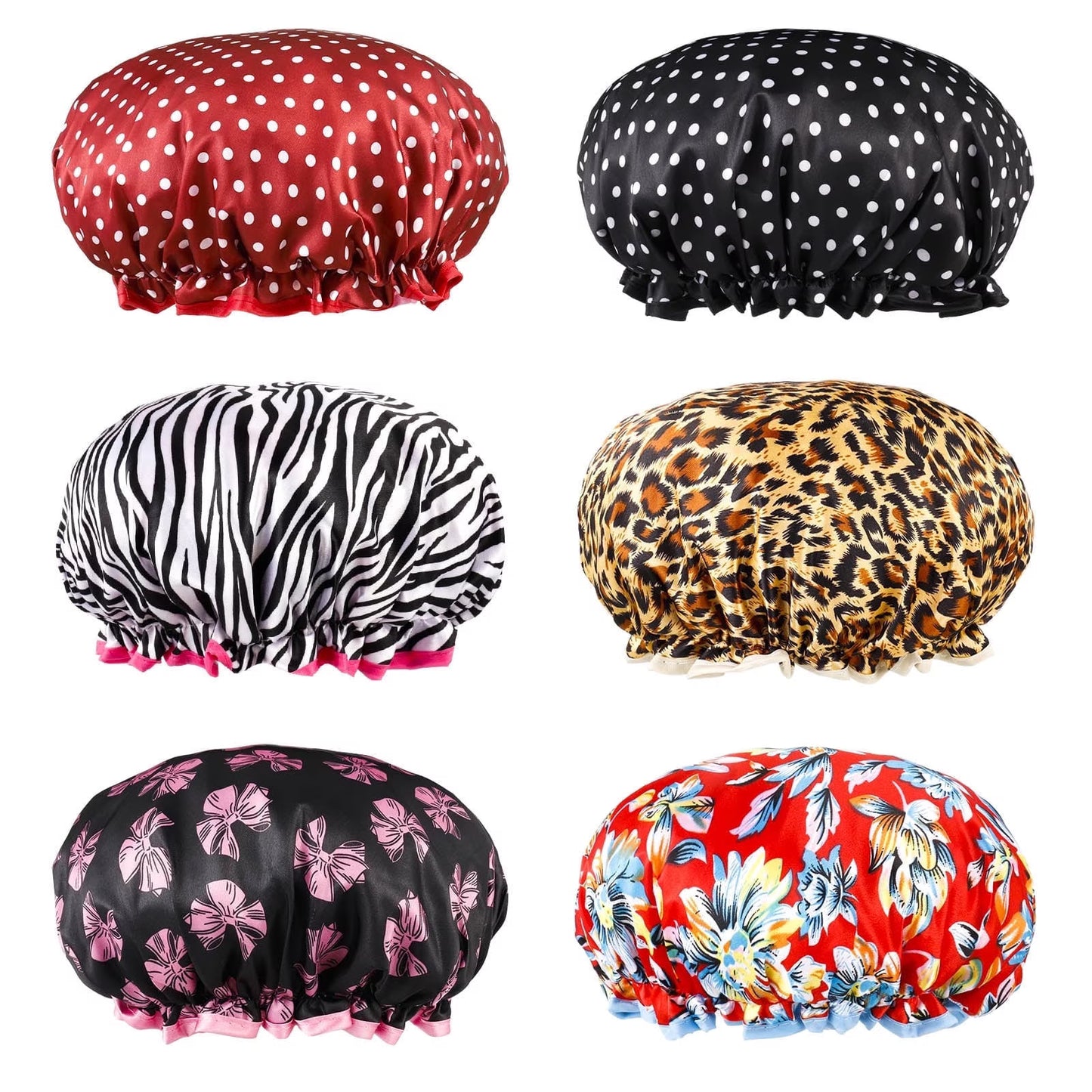 6 Pieces Shower Cap for Women, Elastic and Reusable, Environmental Protection Hair Bath Caps, Double Waterproof Layers Bathing Hat for Women Girl