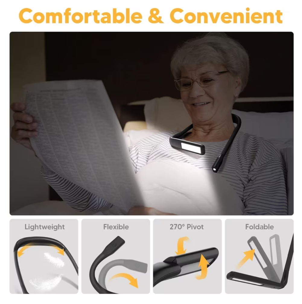 Reading light for books in bed Book Light 3-Color Bendable Neck Light, 80-hr Lasting Rechargeable book accessories for reading lovers, Perfect in Bed, Knitting, Repairing, Book Lovers Gifts