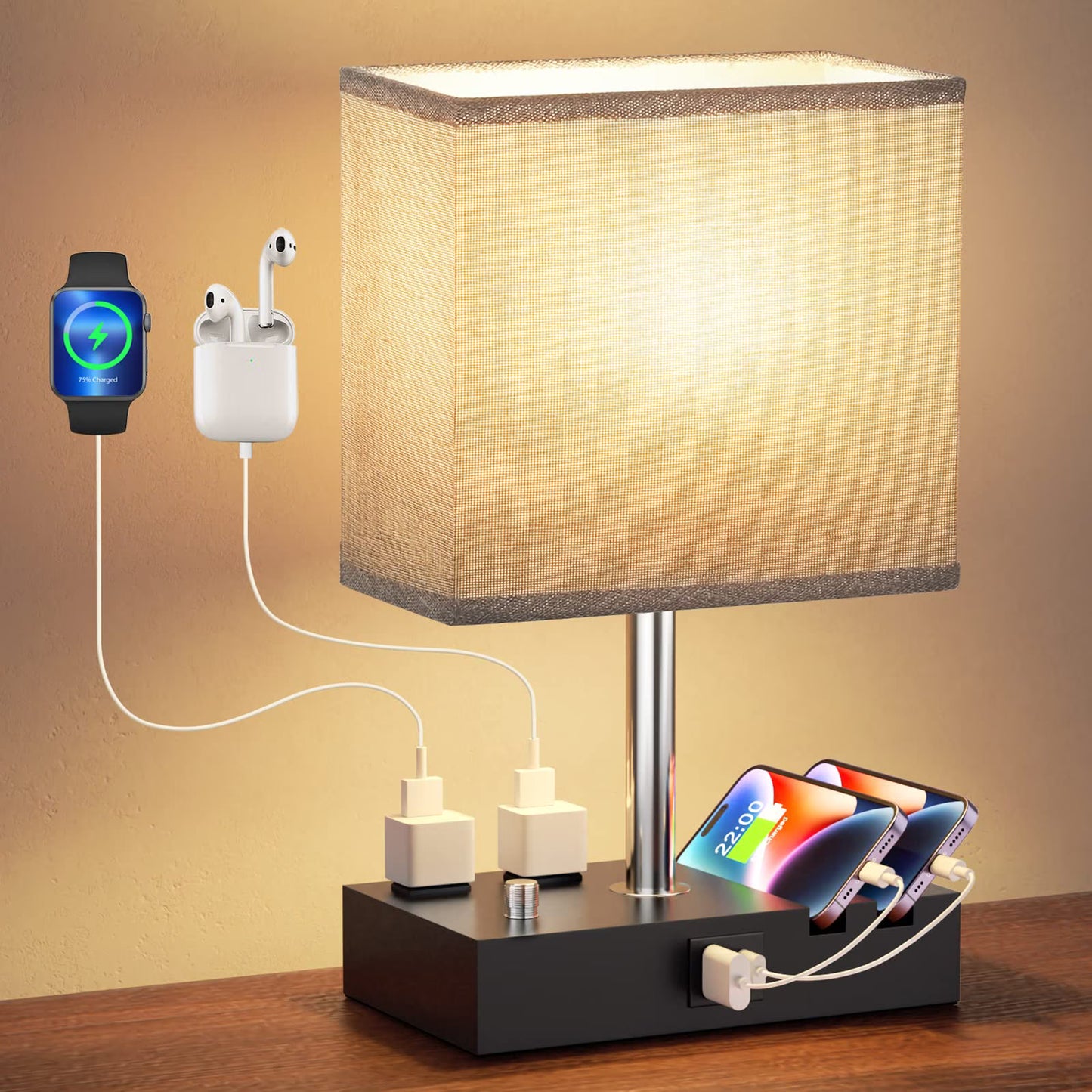 Table Lamp for Bedroom with Fast USB A&C Charging Ports, Bedside Lamps with 2 Phone Stands, 2 and 3-prong AC Charging Outlets, Touch Lamp for Living Room, Dorm, Home Office