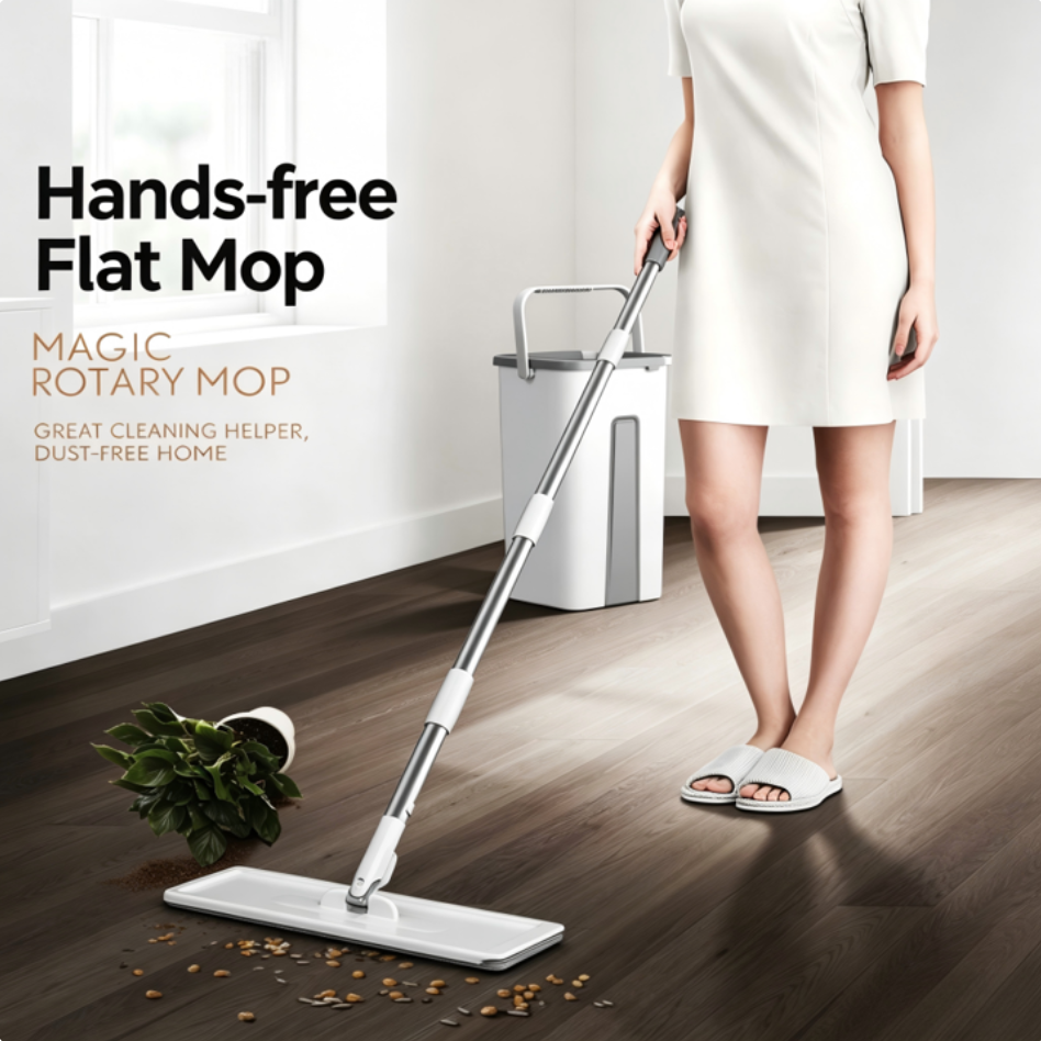 Mop and Bucket Set, Hands-Free Flat Floor Mop with 1 Washable Microfiber Pads, Wet and Dry Use, Ideal for Home and Commercial Floor Cleaning
