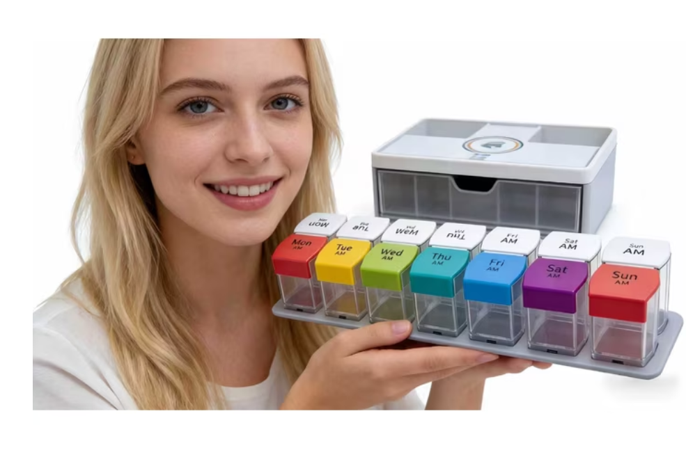 Weekly Pill Organizer Arthritis Friendly, BPA Free Travel 7 Day Pill Box Case with Spring Open Design and Large Compartment to Hold Vitamins, Cod Liver Oil, Supplements and Medication