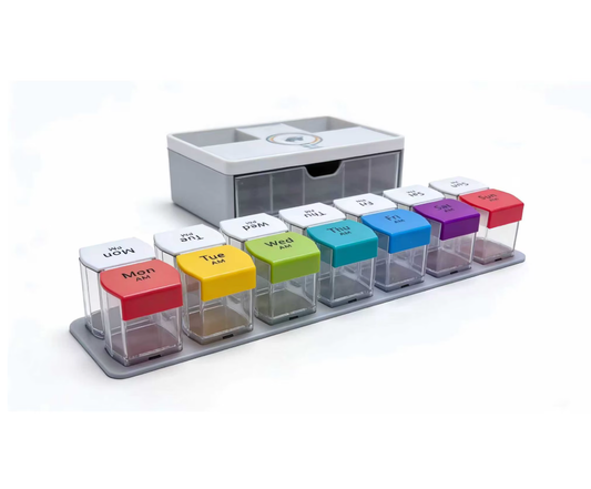 Weekly Pill Organizer Arthritis Friendly, BPA Free Travel 7 Day Pill Box Case with Spring Open Design and Large Compartment to Hold Vitamins, Cod Liver Oil, Supplements and Medication