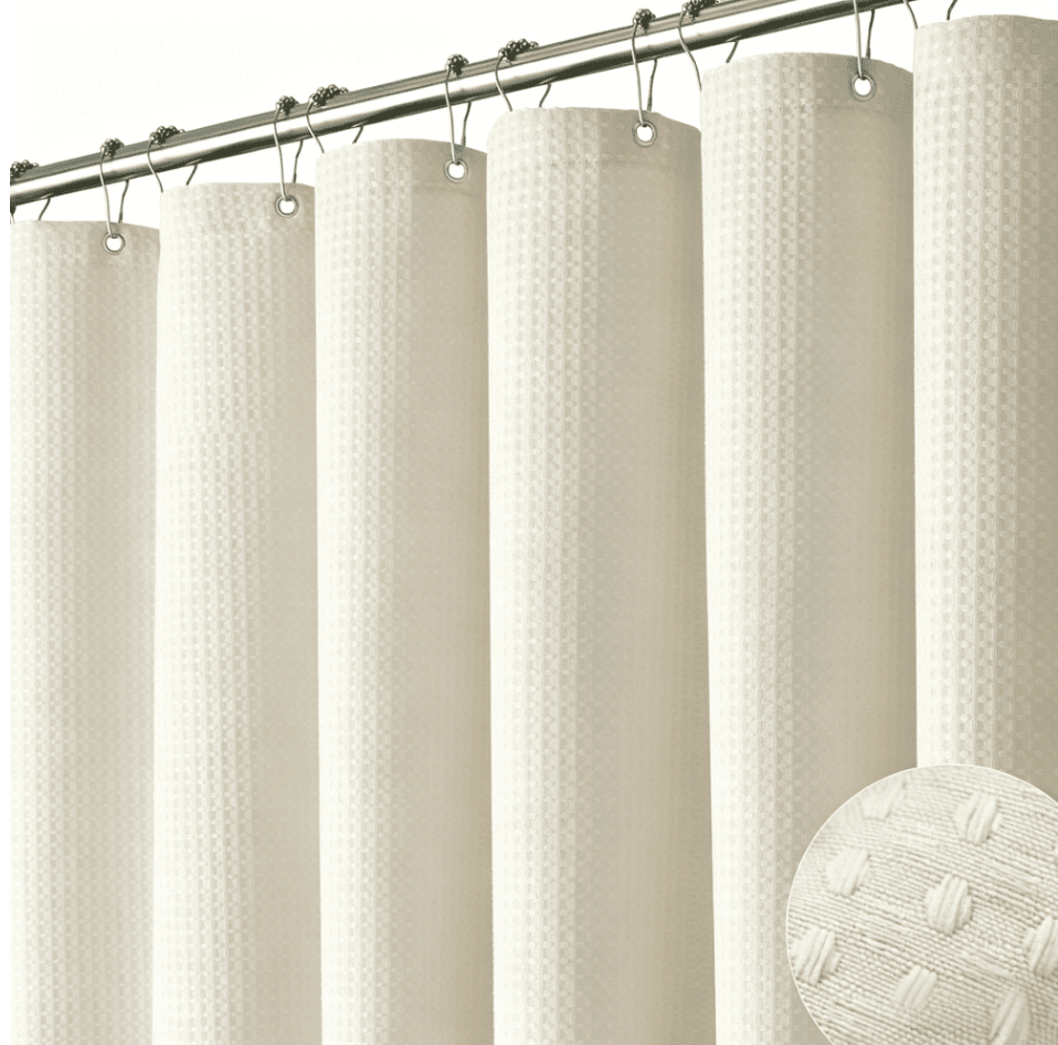 Waffle Textured Heavy Duty Thick Fabric Shower Curtains for Bathroom, 256GSM Luxury Weighted Polyester Cloth Bath Curtain Set with 12 Plastic Hooks，72Wx72H,White
