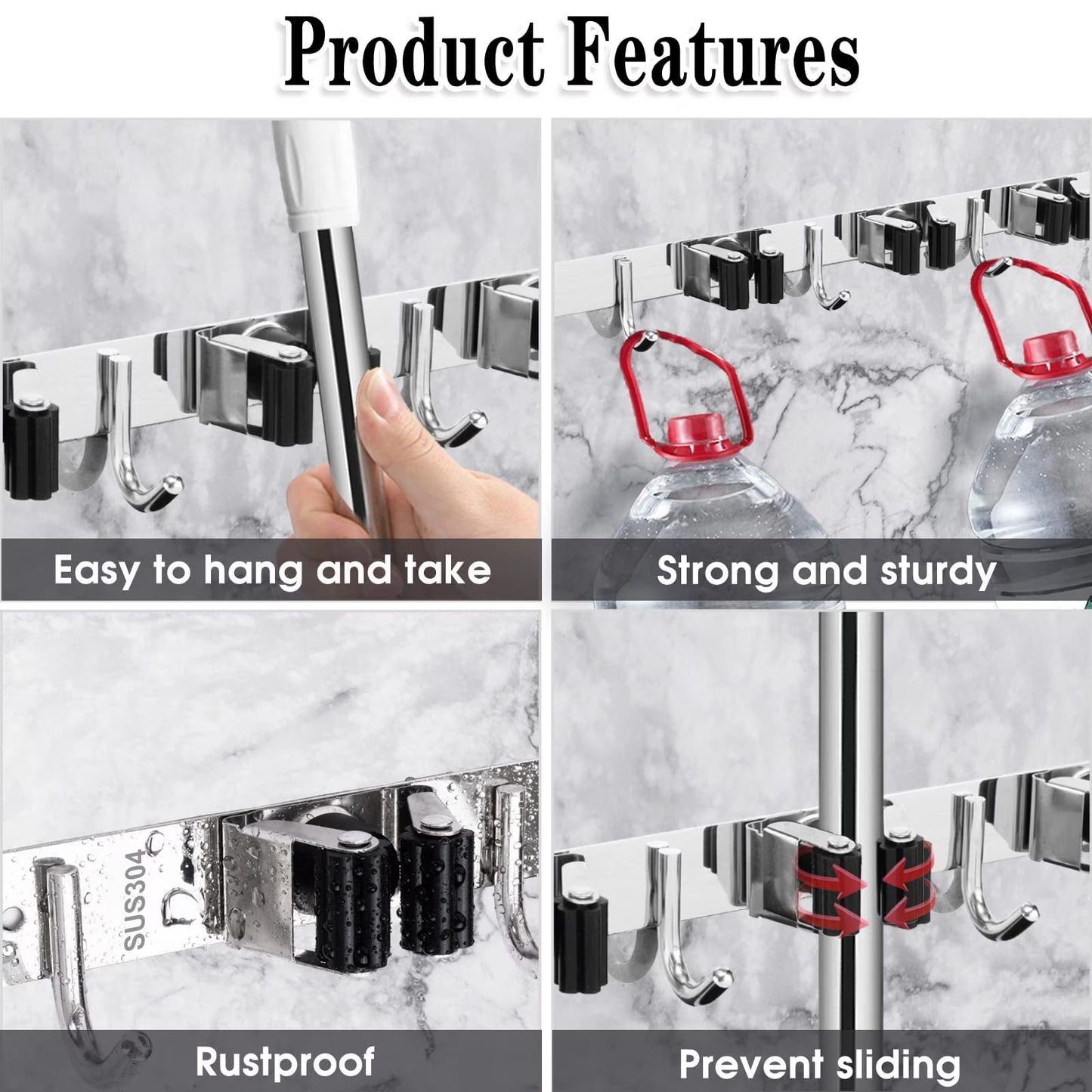 Mikhai 5 Racks and 4 Hooks Mop and Broom Holder Wall Mount, Broom Organizer Storage Tool Racks Stainless Steel Heavy Duty Hooks Self Adhesive Solid Non-slip for Home Kitchen Garden Laundry Garage