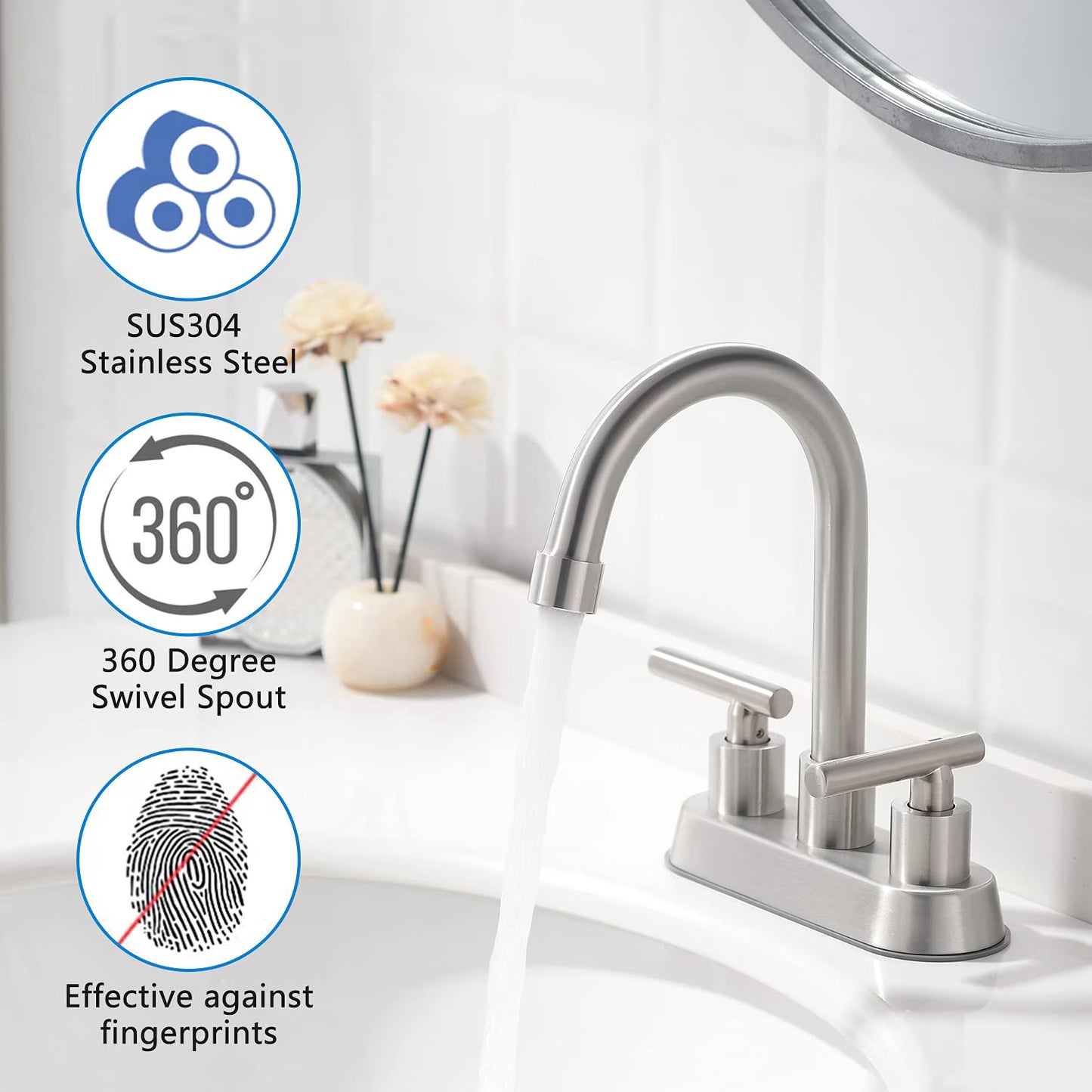 Mikhai Bathroom Faucets 3 Hole, 4 inch Bathroom Faucet 3 Hole Matte White with Pop-up Drain and 2 Supply Hoses, Stainless Steel Lead-Free 2-Handle Center set Faucet for Sink Vanity