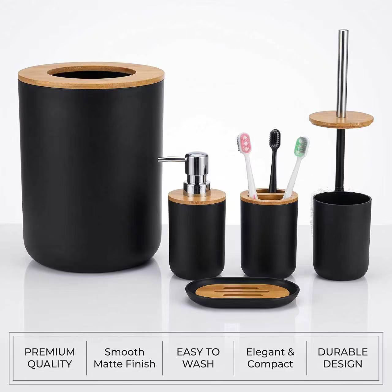 Bathroom Accessories Set 6 Pcs Bathroom Set Ensemble Complete Soap Dispenser Toothbrush Holder Tumbler Soap Dish Toilet Cleaning Brush Trash Can, Thread Black