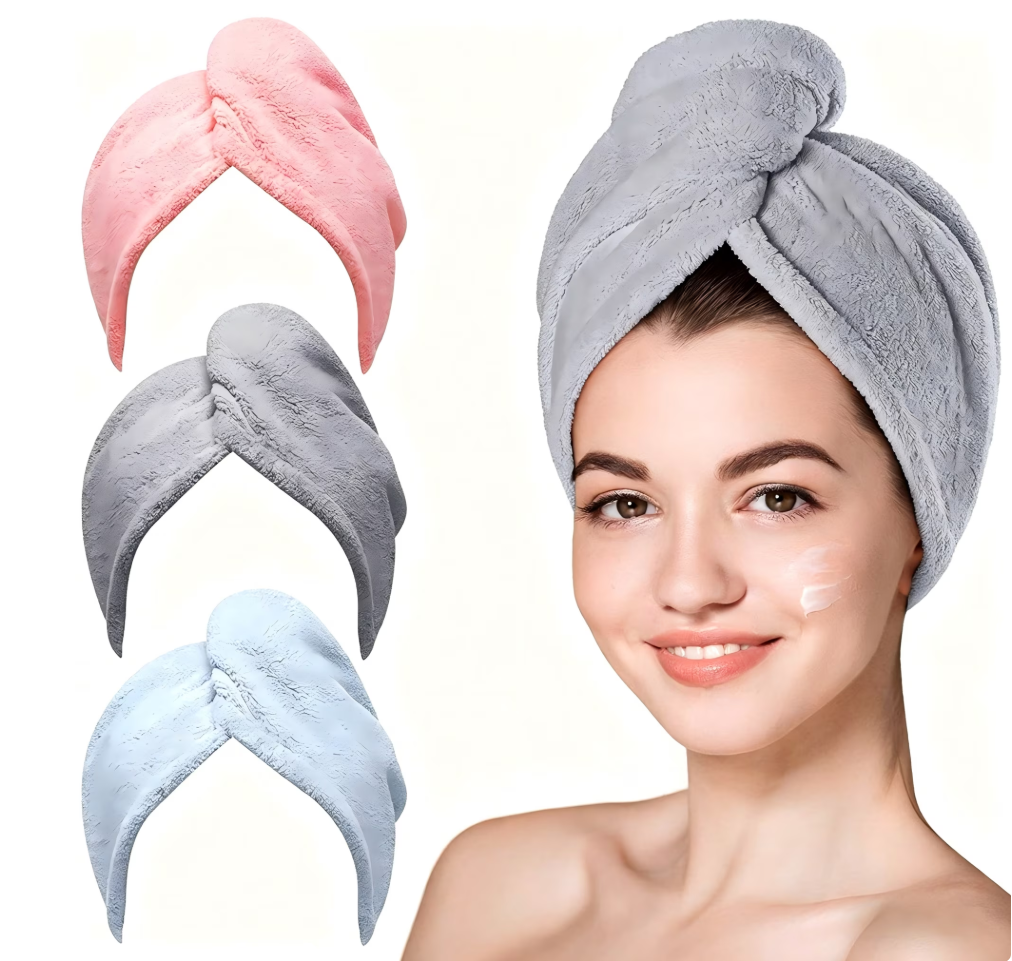 Microfiber Hair Towel Wrap, Fast Drying Hair Towels for Women, Soft Lightweight Quick Dry Turban for Curly & Long Hair–3 Pack(Blue/Grey/Pink)