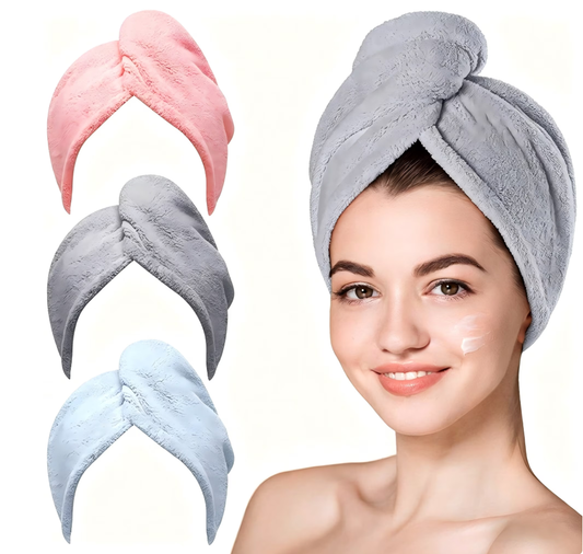 Microfiber Hair Towel Wrap, Fast Drying Hair Towels for Women, Soft Lightweight Quick Dry Turban for Curly & Long Hair–3 Pack(Blue/Grey/Pink)