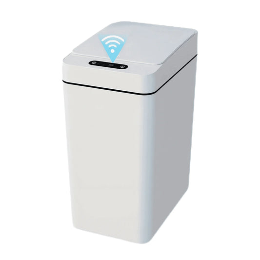 IRINNA Bathroom Small Trash Can with Lid, 2.6 Gallon Touchless Automatic Garbage Can Slim Waterproof Motion Sensor Smart Trash Bin for Bedroom, Office, Kitchen, Living Room (White)