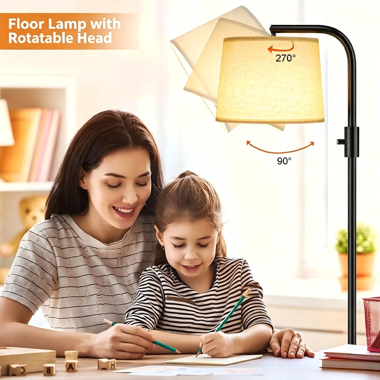Capino Tall Floor Lamps with 3 Color Temperatures Bulb & Adjustable Linen Shade, for Living Room, Bedroom, Office, Classroom, Dorm Room , Beige.