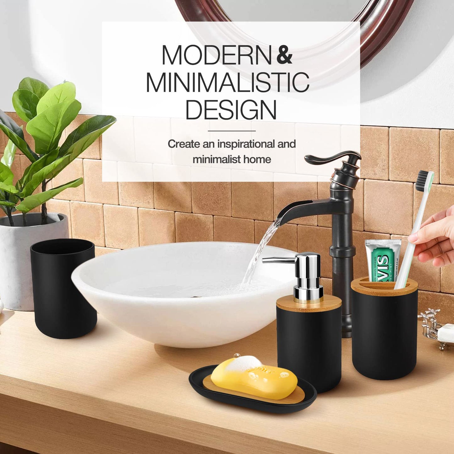 Bathroom Accessories Set 6 Pcs Bathroom Set Ensemble Complete Soap Dispenser Toothbrush Holder Tumbler Soap Dish Toilet Cleaning Brush Trash Can, Thread Black