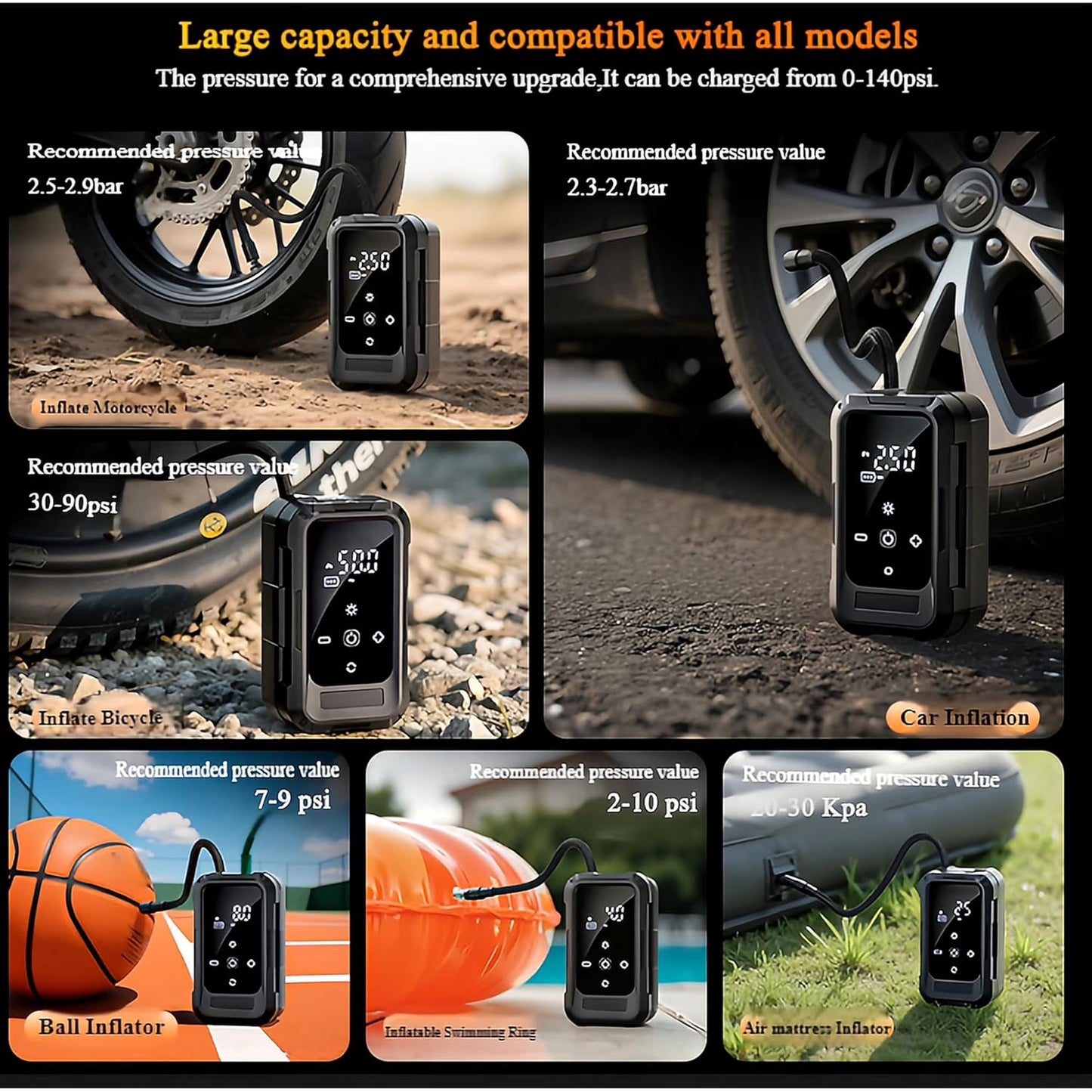 Mikhai Tire Inflator Portable Air Compressor Cordless Mini Bike Pump with 4500mAh Long Range Battery, 140 PSI Car Tires Air Pump with LED Lights&Pressure Gauge for Auto, Motorcycles, Bikes, Balls