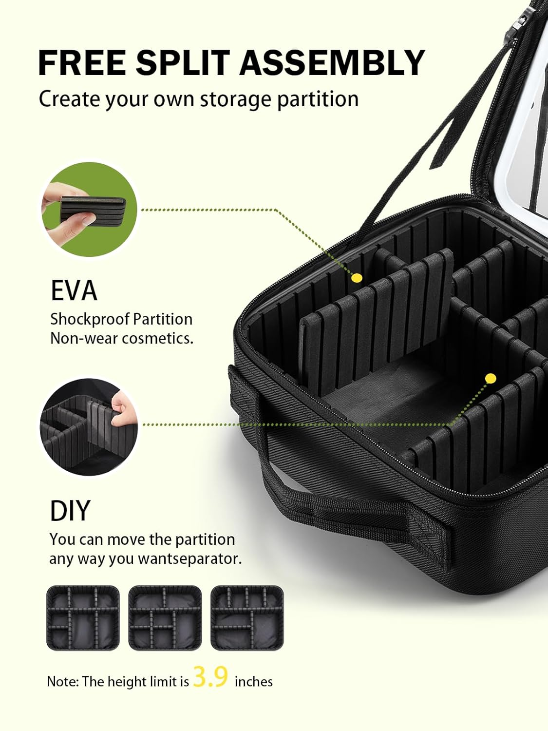 Yzhappy Travel Makeup Bag With LED Mirror, Cosmetic Train Case with Light up Mirror, Portable Makeup Artist Organizer Bag with Adjustable Dividers, Makeup Brush Holder Storage, Black