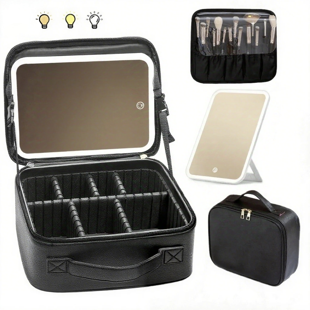 Yzhappy Travel Makeup Bag With LED Mirror, Cosmetic Train Case with Light up Mirror, Portable Makeup Artist Organizer Bag with Adjustable Dividers, Makeup Brush Holder Storage, Black