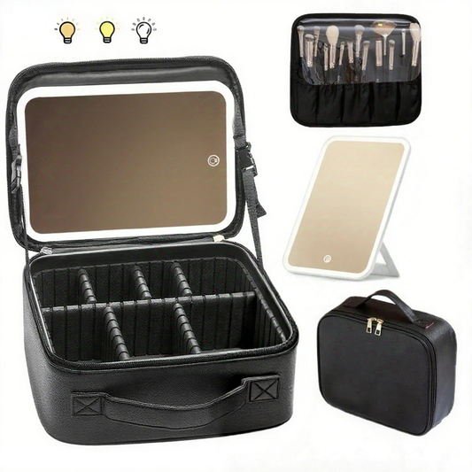 Yzhappy Travel Makeup Bag With LED Mirror, Cosmetic Train Case with Light up Mirror, Portable Makeup Artist Organizer Bag with Adjustable Dividers, Makeup Brush Holder Storage, Black