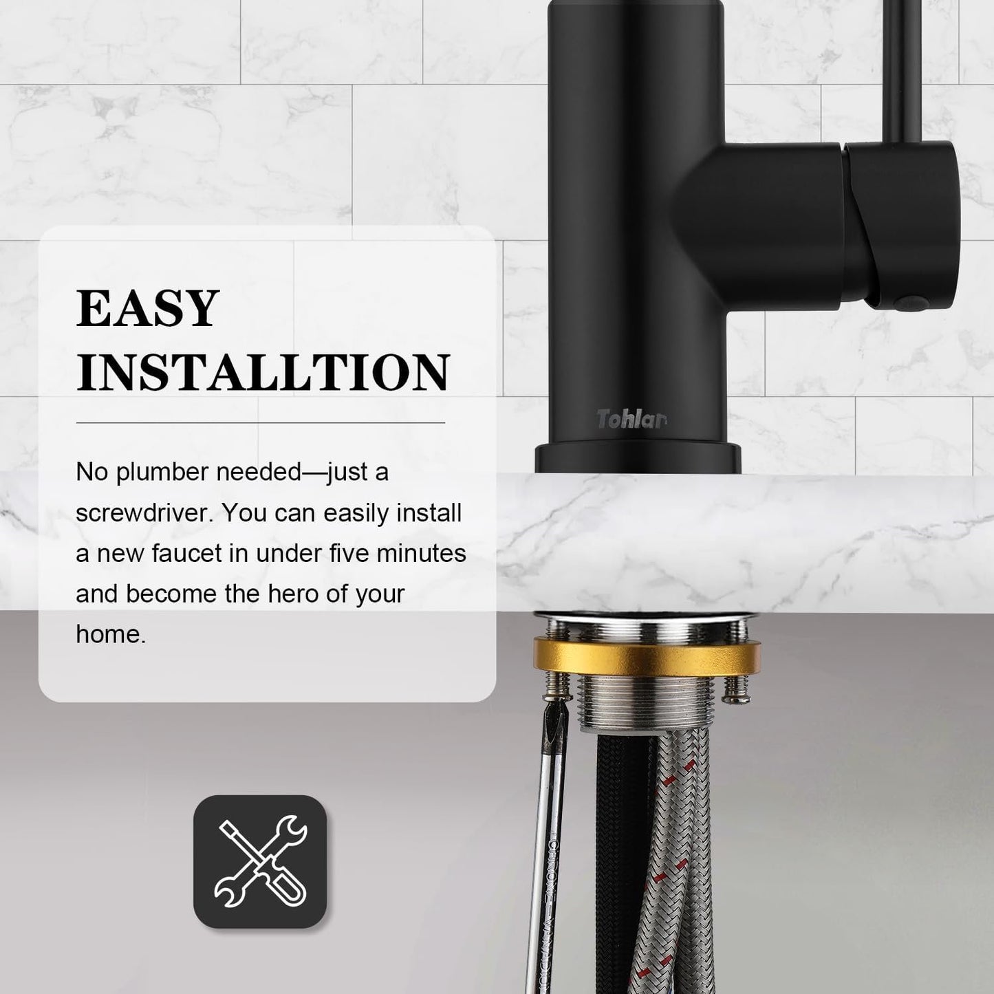 Mikhai Kitchen Faucets with Pull Down Sprayer, Brushed Nickel, High Arc Single Handle Classic Stainless Steel Sink Faucet 1 Hole, Suitable for Farmhouse Camper Laundry Rv Bar, Black
