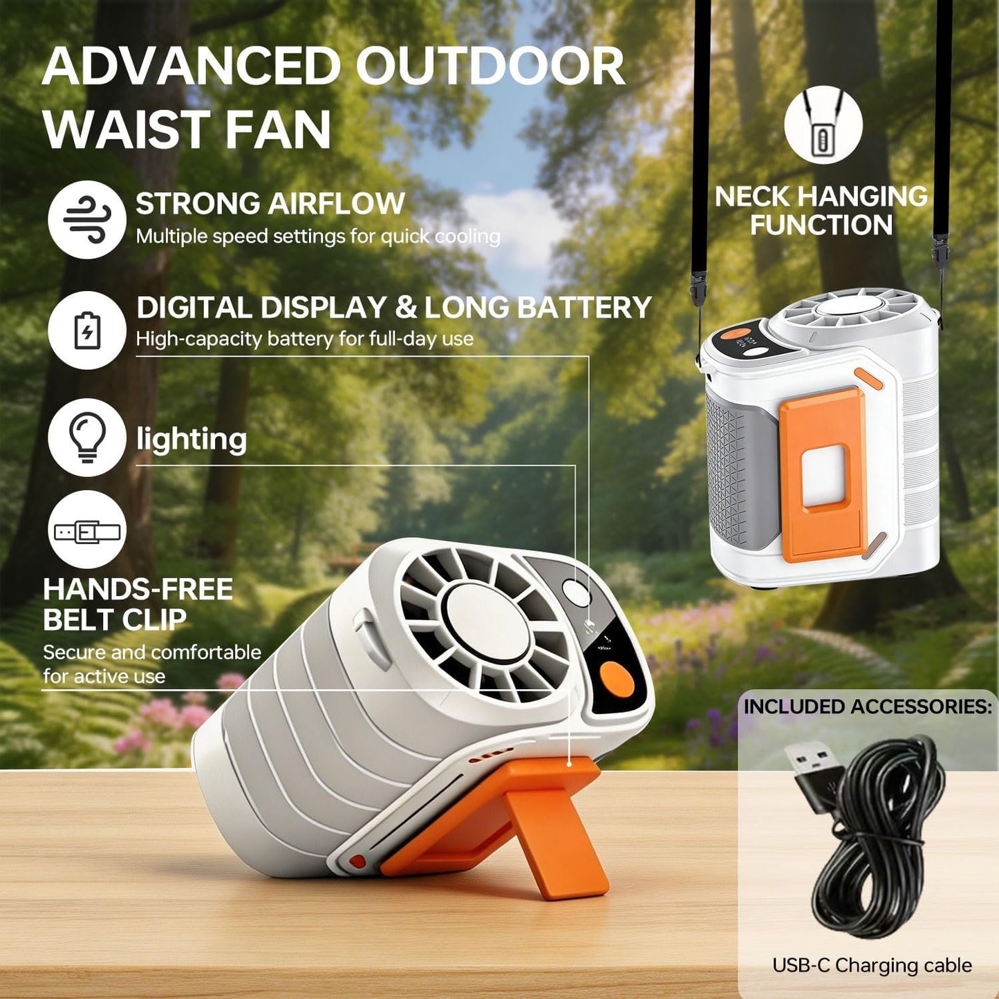 Mikhai Portable Waist Fan, Clip On Fan Wearable 18000RPM Strong Wind 5 Speed, Belt Fan 6000mAh USB-C Rechargeable Battery, Digital Display for Outdoor Work Travel