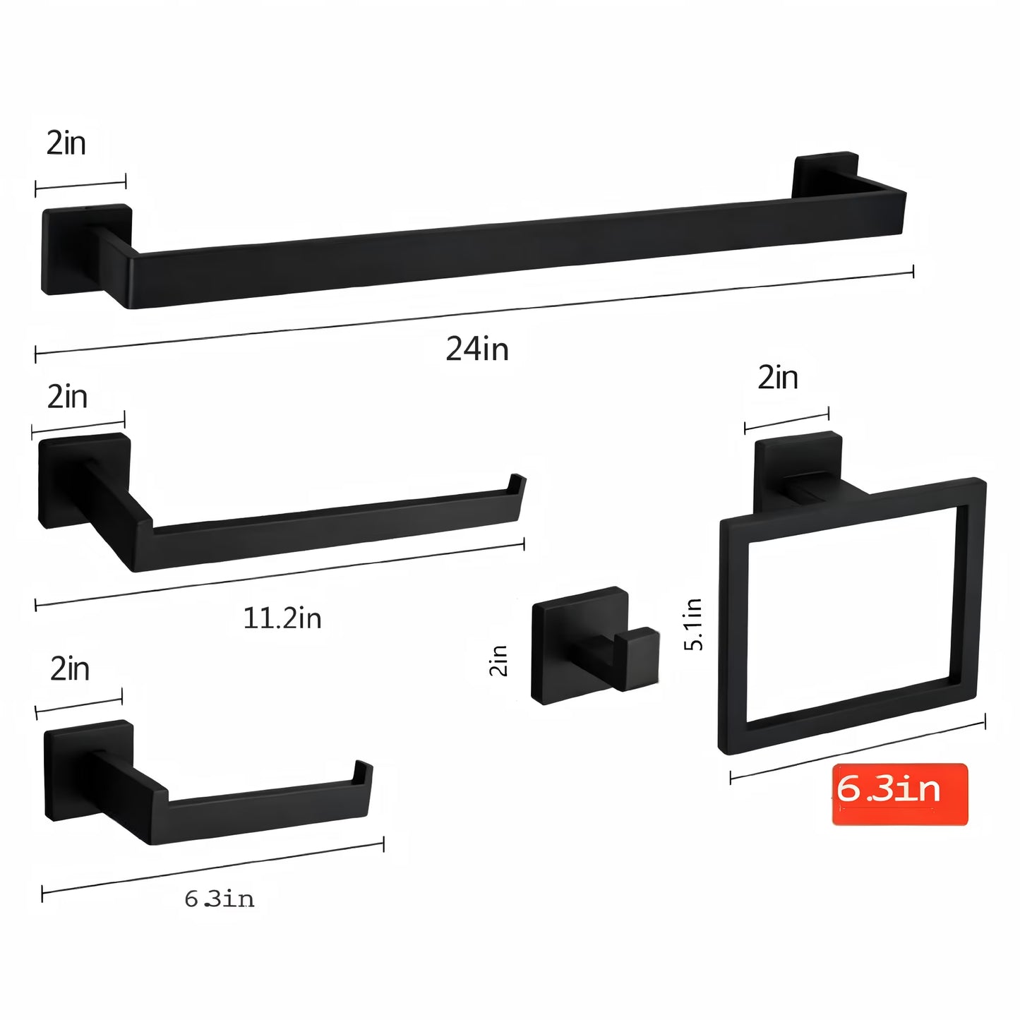 Matte Black 5-Piece Square Bathroom Hardware Set,40cm Towel Bar,Toilet Paper Holder,Towel Ring,and 2 Towel Hooks,SUS 304 Stainless Steel Bathroom Accessories,Wall Mounted Towel Rack Kit（Black）