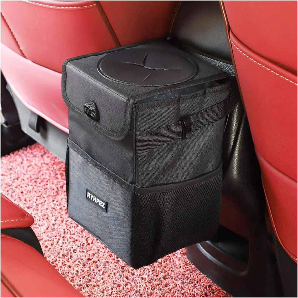 Mikhai Car Trash Can with Lid and Storage Pockets - Leak-Proof Organizer, Waterproof Car Accessories, Multipurpose Car Garbage Can, 2 Gallons, Black