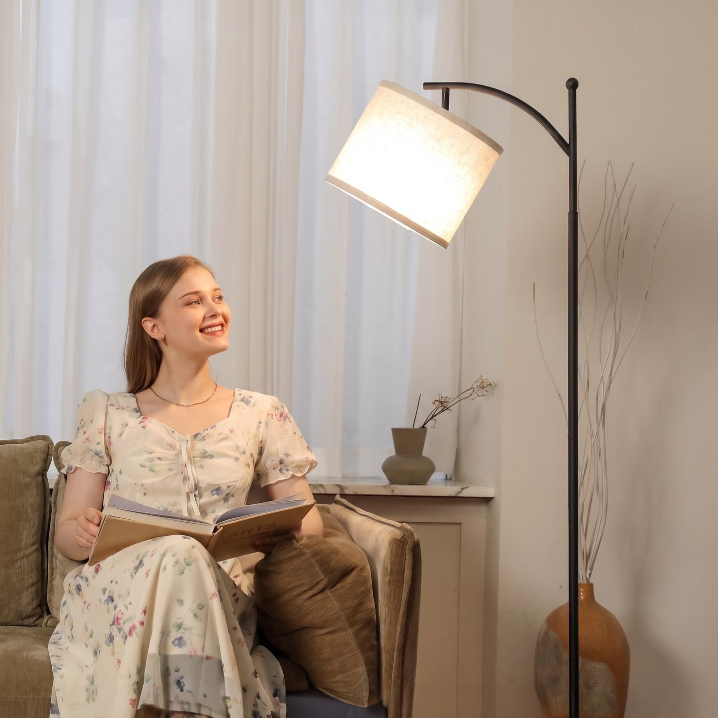 Capino Tall Floor Lamps with 3 Color Temperatures Bulb & Adjustable Linen Shade, for Living Room, Bedroom, Office, Classroom, Dorm Room , Beige.