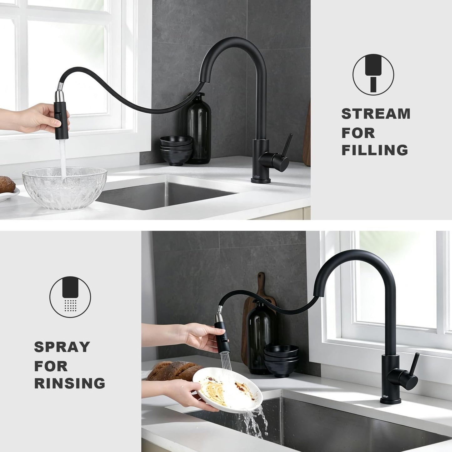Mikhai Kitchen Faucets with Pull Down Sprayer, Brushed Nickel, High Arc Single Handle Classic Stainless Steel Sink Faucet 1 Hole, Suitable for Farmhouse Camper Laundry Rv Bar, Black