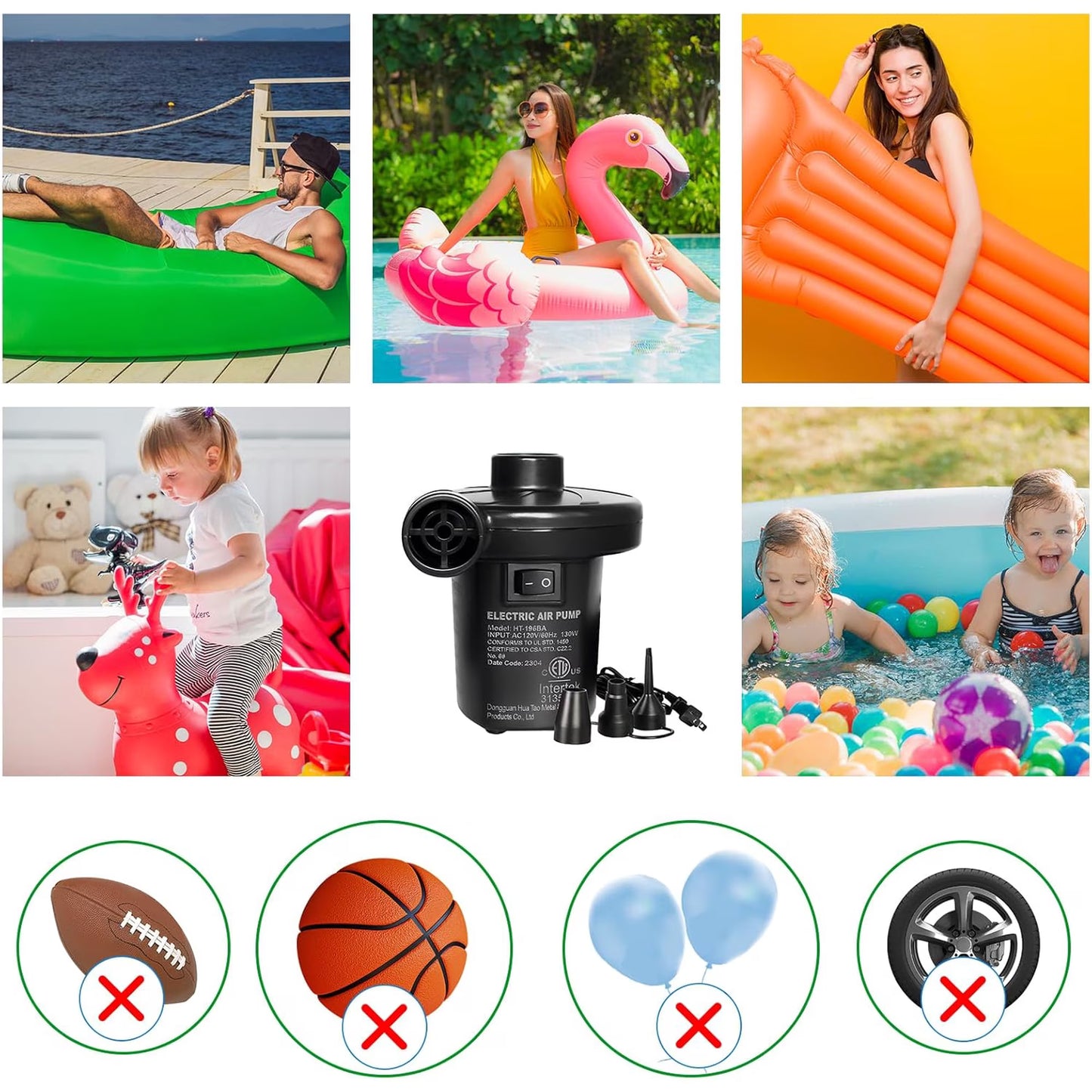 Mikhai Electric Air Pump,Portable Air Pump with 3 Nozzles, 5kPa Quick-Fill,110V AC/12V DC Inflator/Deflator Pumps for Outdoor Camping, Inflatable Air Mattress Beds, Boats, Swimming Ring