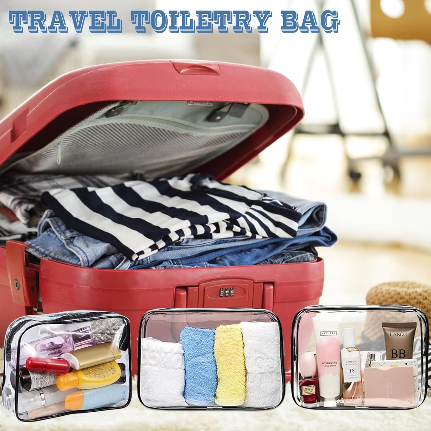 Clear Toiletry Bag, 12 Pack Travel Bag Carry on Travel Accessories Bag Airport Airline Bags Water Repellent Makeup Cosmetic Bag for Women