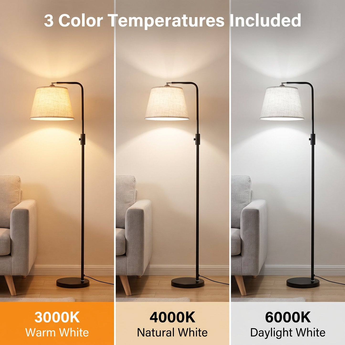 Capino Tall Floor Lamps with 3 Color Temperatures Bulb & Adjustable Linen Shade, for Living Room, Bedroom, Office, Classroom, Dorm Room , Beige.
