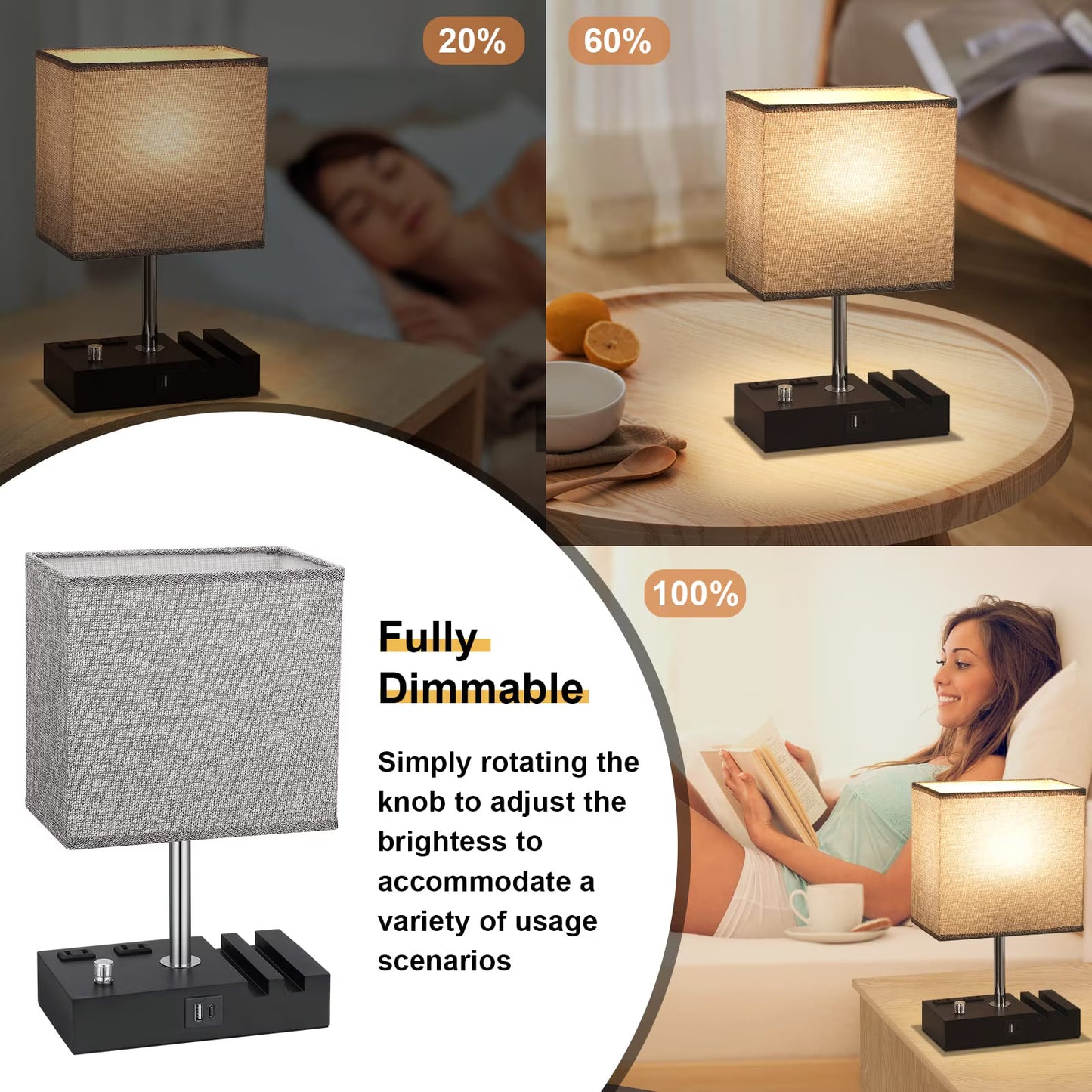 Table Lamp for Bedroom with Fast USB A&C Charging Ports, Bedside Lamps with 2 Phone Stands, 2 and 3-prong AC Charging Outlets, Touch Lamp for Living Room, Dorm, Home Office