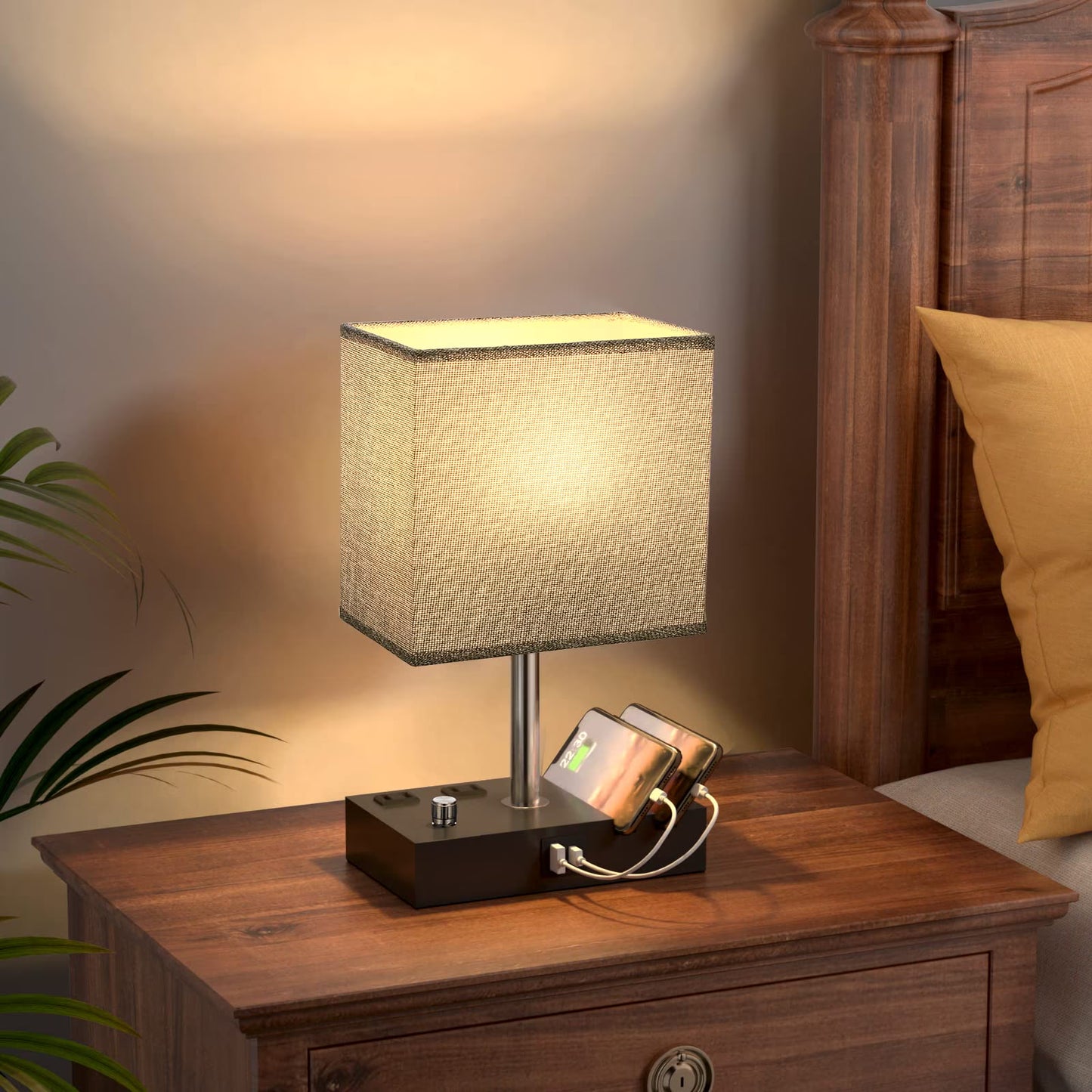 Table Lamp for Bedroom with Fast USB A&C Charging Ports, Bedside Lamps with 2 Phone Stands, 2 and 3-prong AC Charging Outlets, Touch Lamp for Living Room, Dorm, Home Office