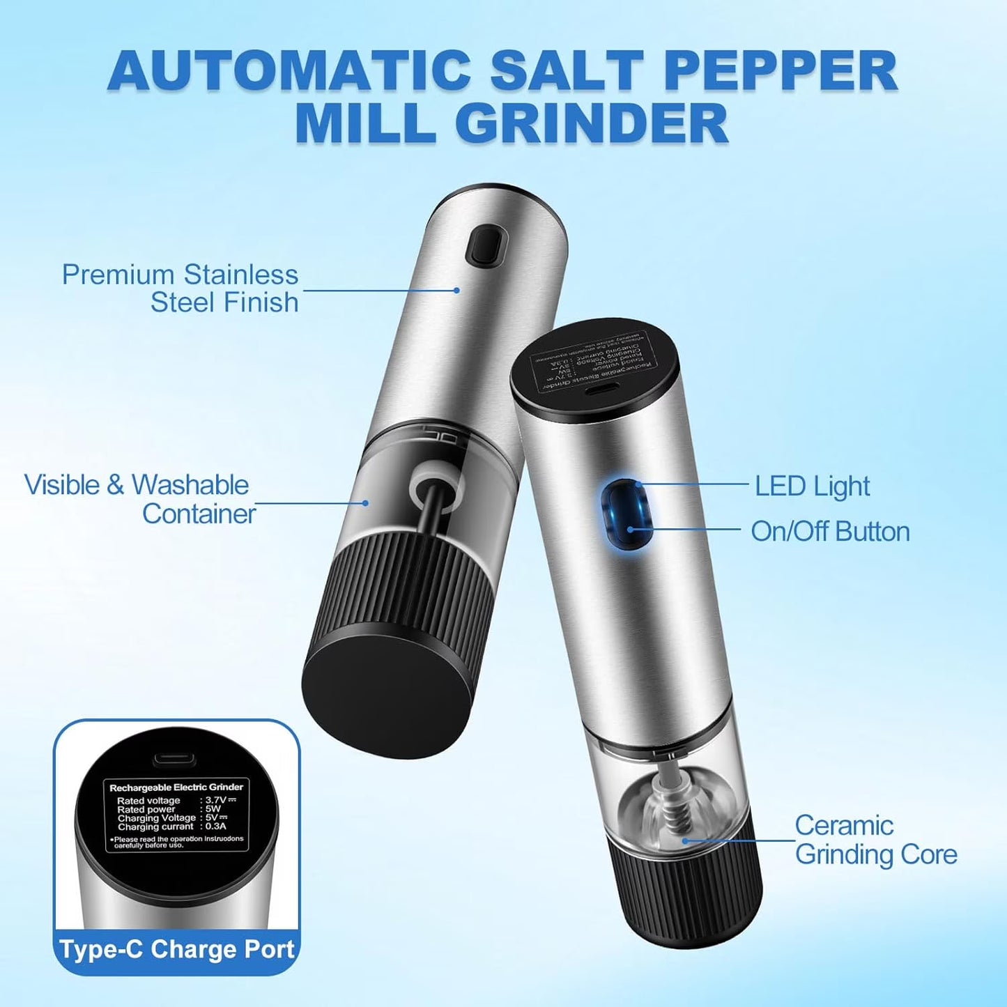 Carestrong Salt And Pepper Grinder Set Automatic Battery Pepper Mill Shakers Salt And Pepper Shakers Adjustable Coarseness Upgraded Larger Capacity with Kitchen Appliances Birthday Gifts for Women M
