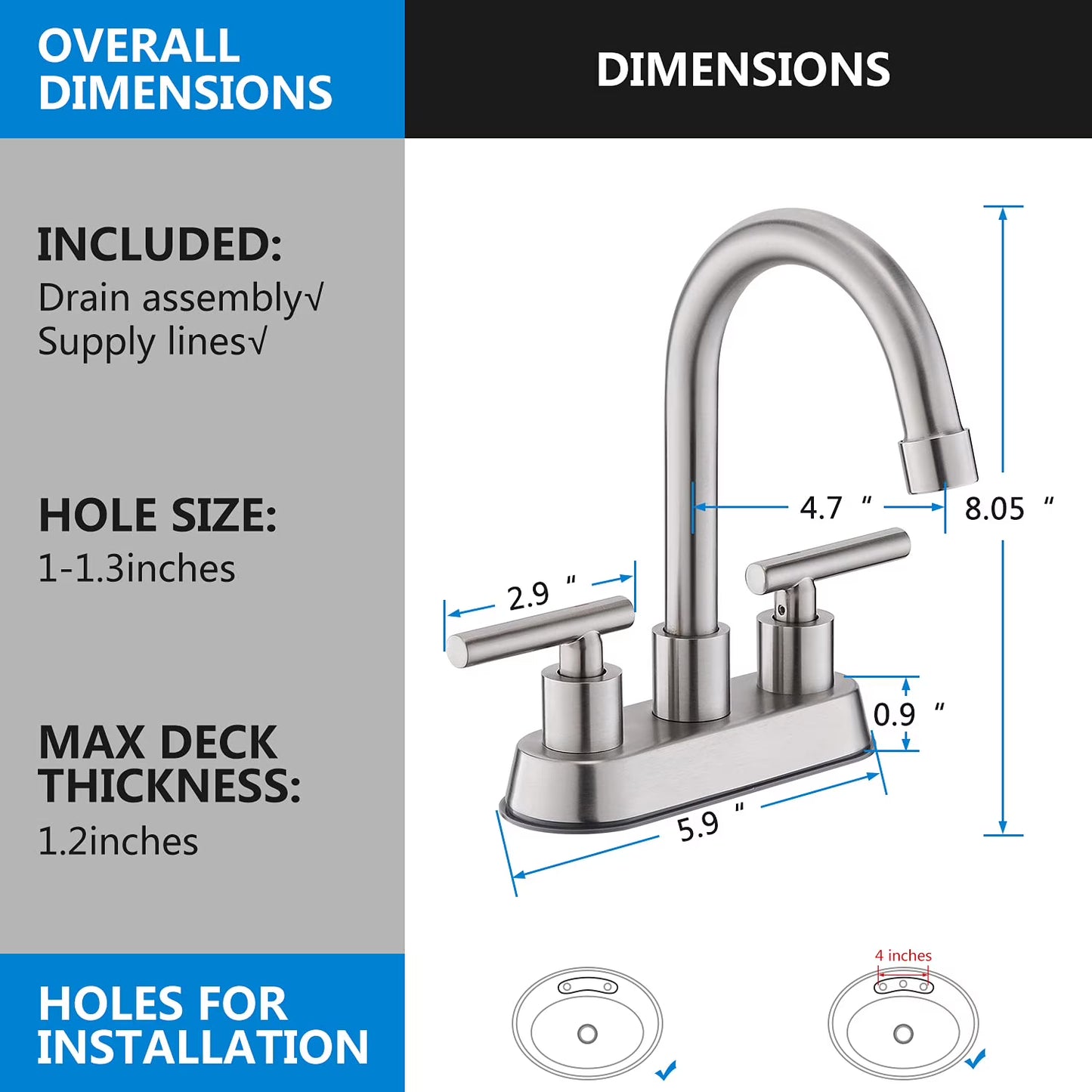 Mikhai Bathroom Faucets 3 Hole, 4 inch Bathroom Faucet 3 Hole Matte White with Pop-up Drain and 2 Supply Hoses, Stainless Steel Lead-Free 2-Handle Center set Faucet for Sink Vanity