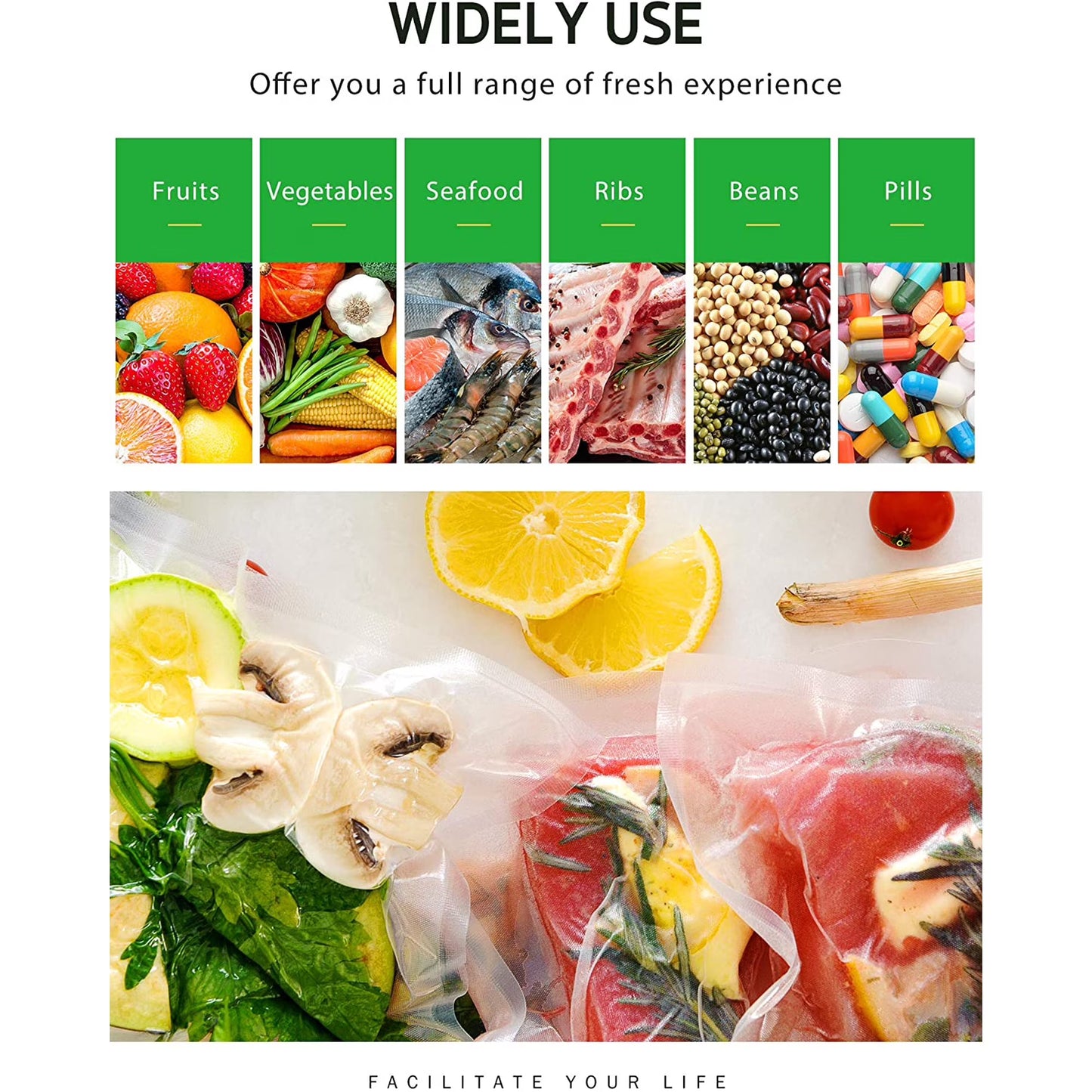 Food Grade Vacuum Seal Bags, Reusable Freezer Safe, Easy Tear, Multi Size for Meat, Fish, Tea & Kitchen Storage