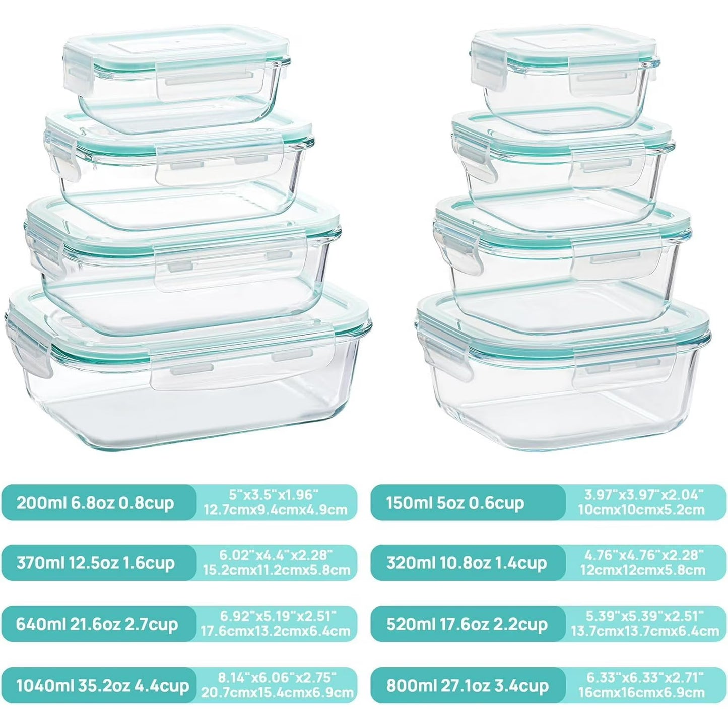 Carestrong 8 Pack Glass Meal Prep Containers with Airtight Lids, Meal Prep Containers Glass, Lunch Office Meal for Microwave, Oven, Freezer and Dishwasher, BPA Free