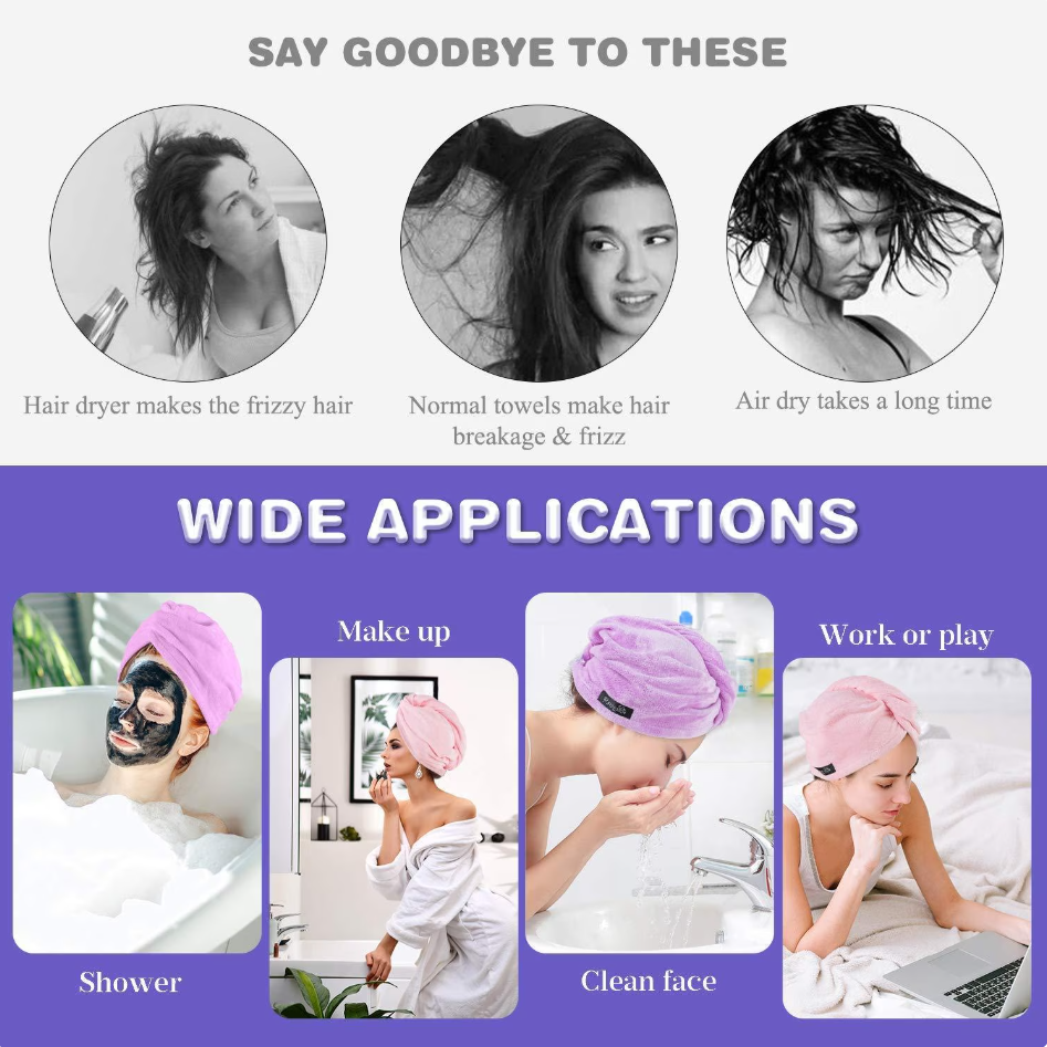 Microfiber Hair Towel Wrap, Fast Drying Hair Towels for Women, Soft Lightweight Quick Dry Turban for Curly & Long Hair–3 Pack(Blue/Grey/Pink)