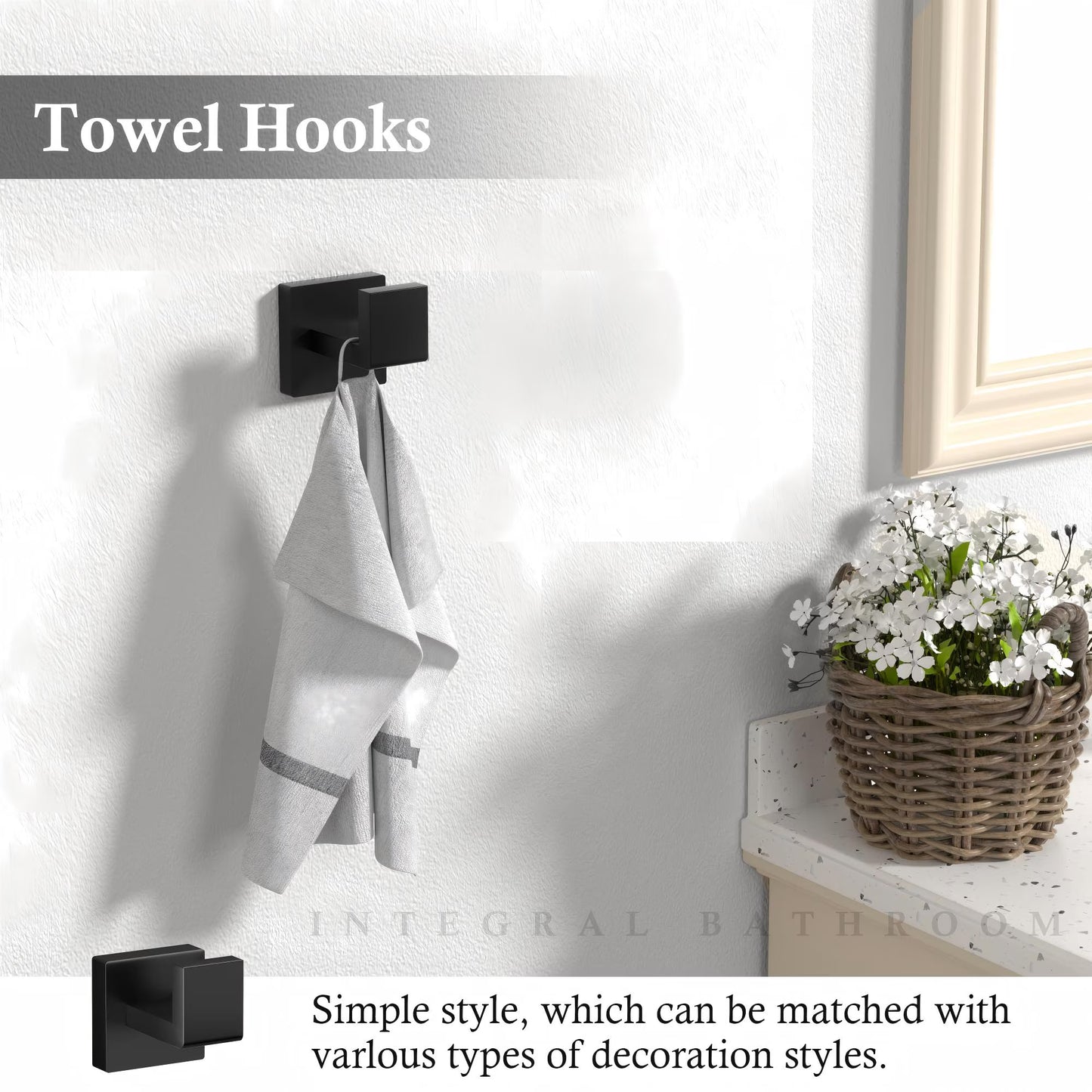 Matte Black 5-Piece Square Bathroom Hardware Set,40cm Towel Bar,Toilet Paper Holder,Towel Ring,and 2 Towel Hooks,SUS 304 Stainless Steel Bathroom Accessories,Wall Mounted Towel Rack Kit（Black）