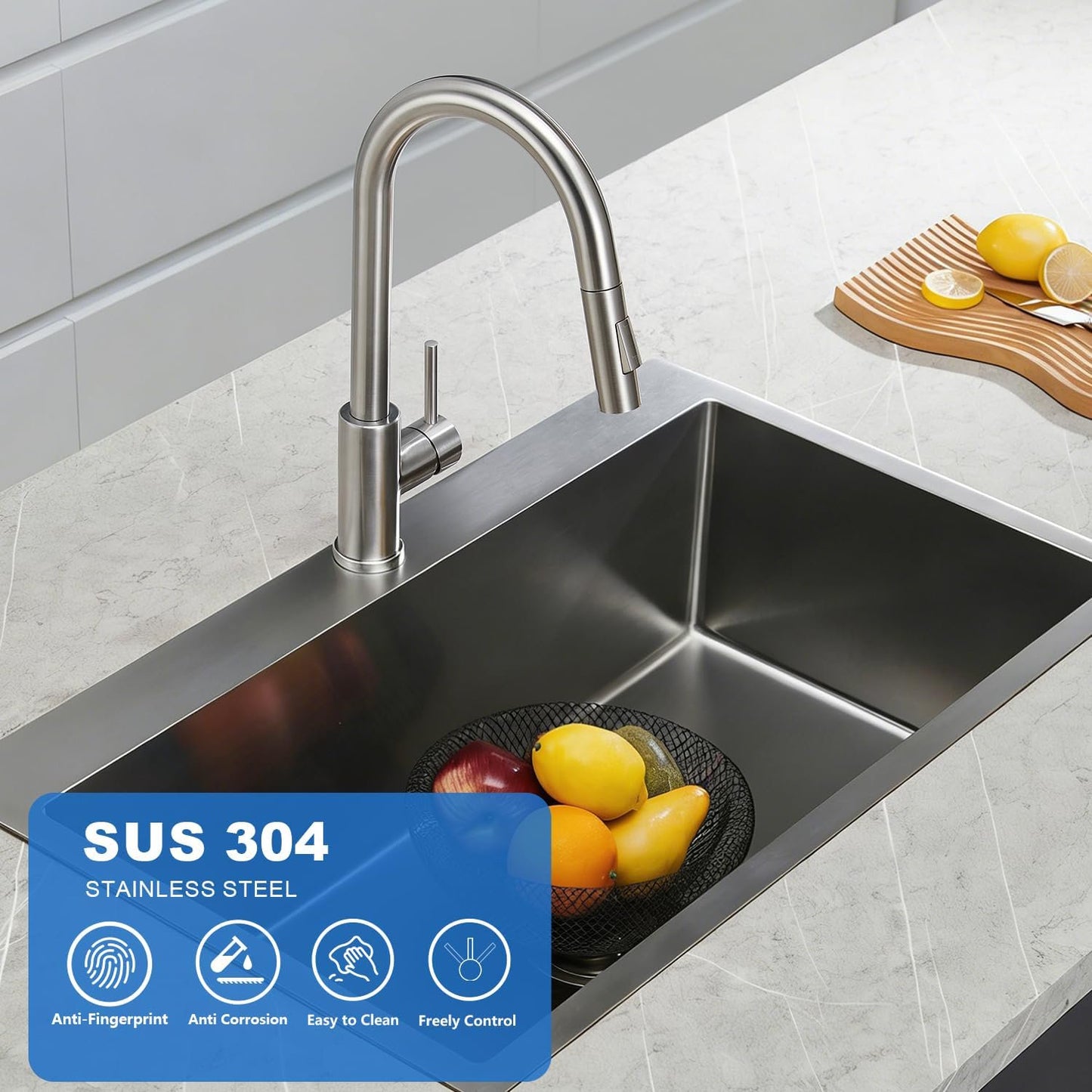 Mikhai Kitchen Faucets with Pull Down Sprayer, Brushed Nickel, High Arc Single Handle Classic Stainless Steel Sink Faucet 1 Hole, Suitable for Farmhouse Camper Laundry Rv Bar, White