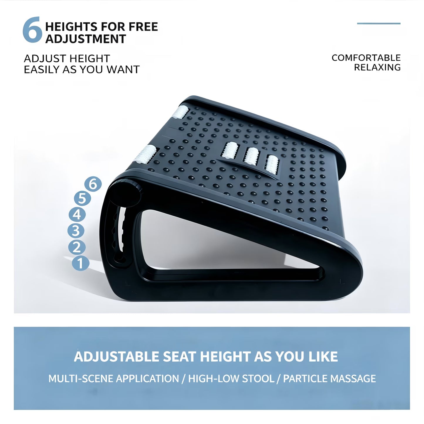 Foot Rest with 6 Adjustable Heights, Anti-Slip Suction Cup Design with Massage Roller, Portable Under Desk Foot Stool for Office, Home, Travel, Black