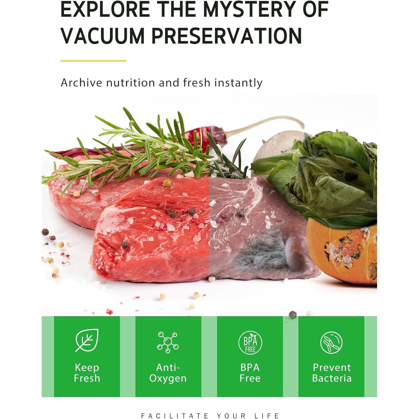 Food Grade Vacuum Seal Bags, Reusable Freezer Safe, Easy Tear, Multi Size for Meat, Fish, Tea & Kitchen Storage