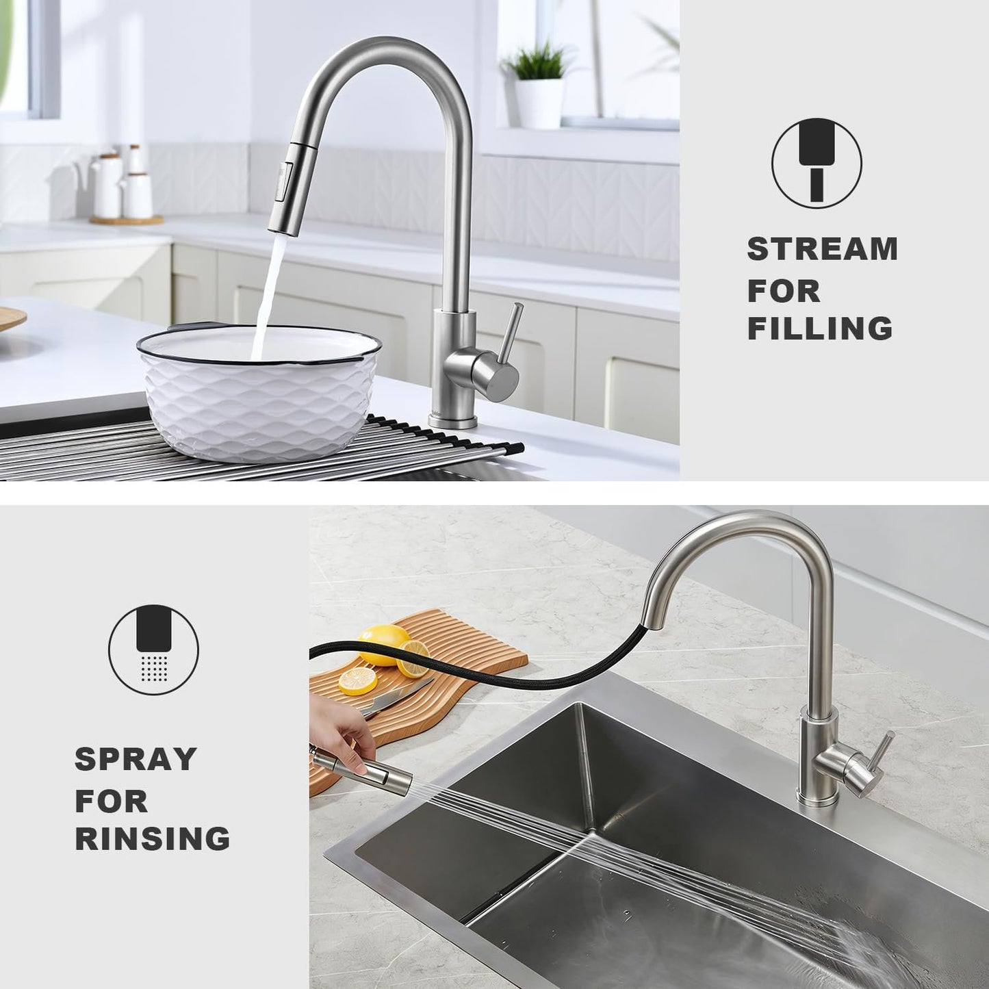 Mikhai Kitchen Faucets with Pull Down Sprayer, Brushed Nickel, High Arc Single Handle Classic Stainless Steel Sink Faucet 1 Hole, Suitable for Farmhouse Camper Laundry Rv Bar, White