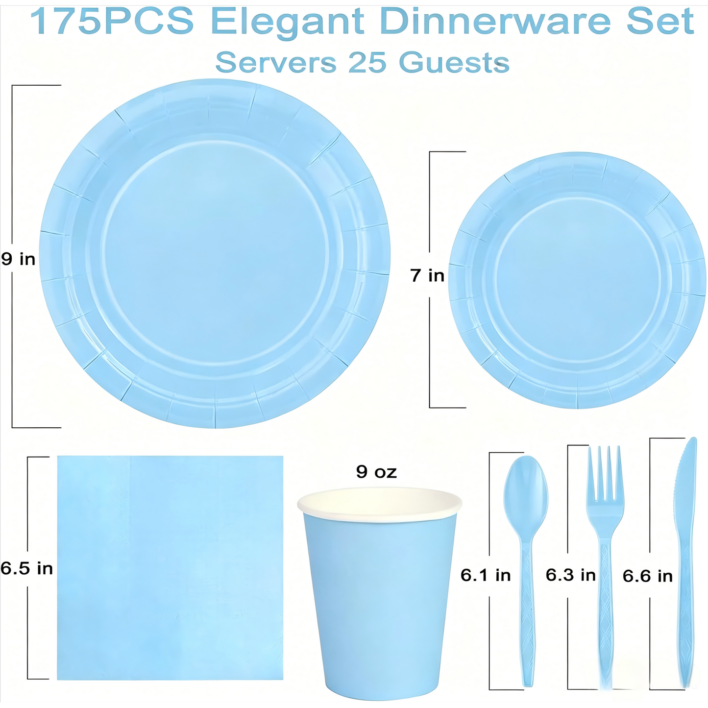 175PCS Light Blue Paper Plates and Napkins, Blue Disposable Plates Set for Baby Shower Gender Reveal Birthday Party Supplies Serve 25 Guests