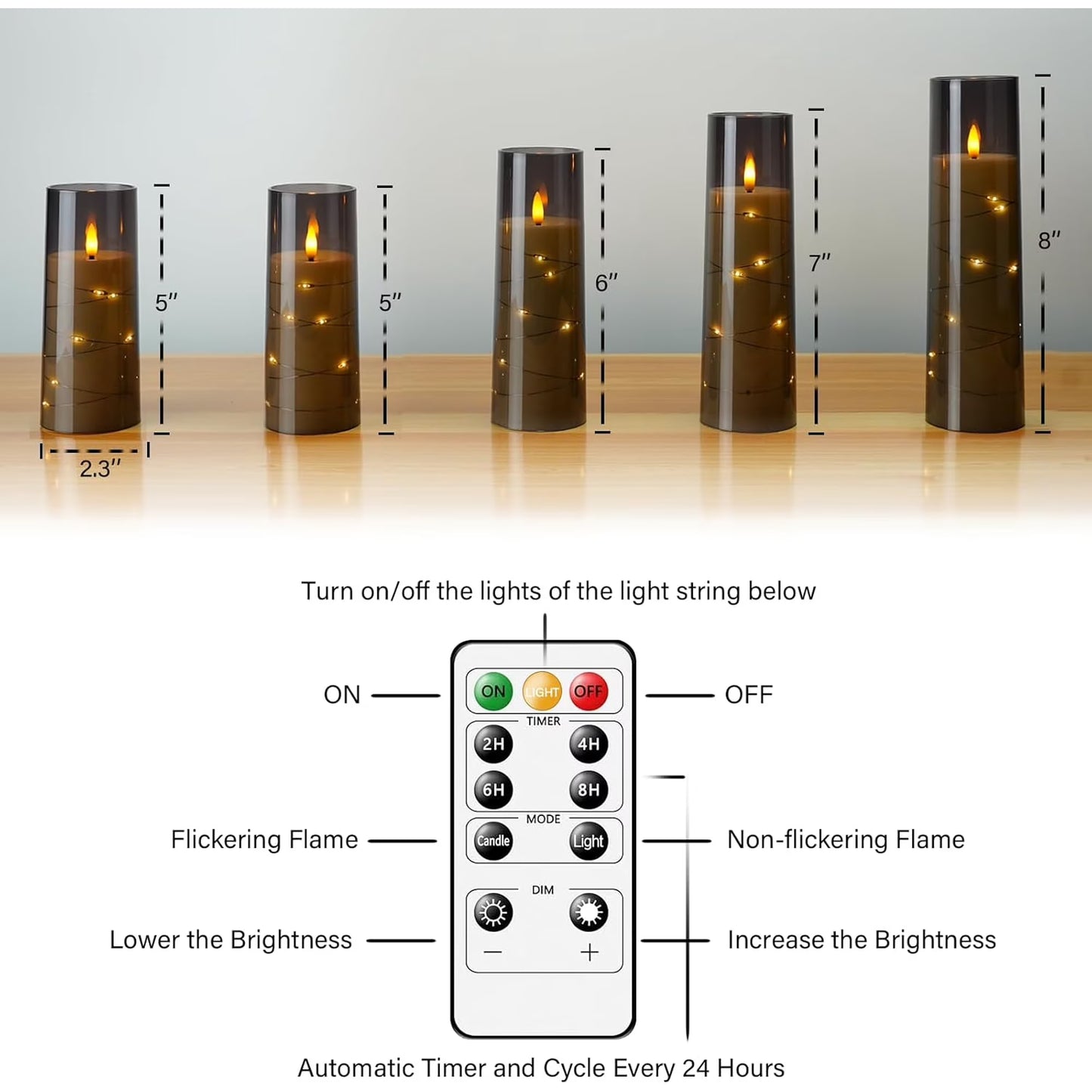 Flameless LED Candles with Timer 5 Pc Flickering Flameless Candles for Romantic Ambiance and Home Decoration Stable Acrylic Shell,with Embedded Star String，Battery Operated Candles（Grey）